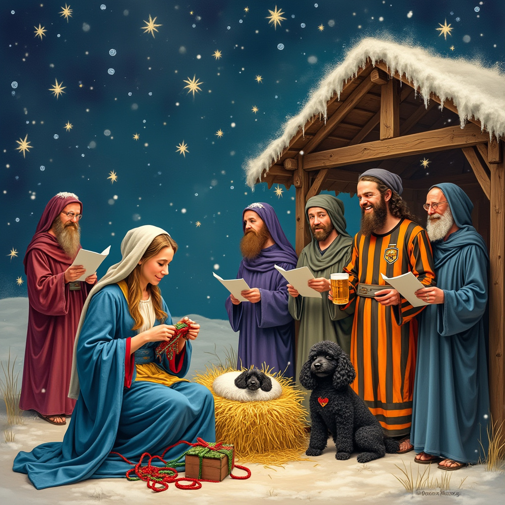 In the center of the card, the traditional nativity scene is charmingly transformed into a quirky Christmas tableau. Mary, in her gentle serenity, is seated on a hay bale under a rustic wooden stable. Her blue robe is draped elegantly over her knees, as she deftly knits a tiny red and green scarf, the yarn spilling onto the hay like a colorful ribbon. Beside her, a fluffy black poodle rests comfortably in the manger, its curly coat nestled amid the hay, looking up with adoration. To the right, Joseph stands with a jovial grin, sporting a vivid Hull City Tigers football shirt with its distinctive amber and black stripes, clashing delightfully with the historical setting. He holds a frothy pint glass in his hand, a playful nod to modernity amidst the ancient. To the left of the stable, the three wise men are gathered, forming an impromptu choir. Each is cloaked in regal, jewel-toned robes of deep purple, ruby red, and sapphire blue. They hold music sheets as they harmonize in song, their mouths open wide, exuding the joyous spirit of Christmas caroling. In the background, twinkling stars pepper a deep indigo sky, casting a celestial glow over the entire scene, as a gentle snowfall drifts down, dusting the roof of the stable and the poodle's head alike. The scene is a whimsical blend of old and new, capturing the heartwarming essence of the holiday season.
Generated with these themes: Nativity scene, Mary Knitting, Black poodle in manger, Joseph wearing Hull City Tigersfootball shirt and holding a pint, and 3 wise men choir singing.
Made with ❤️ by AI.