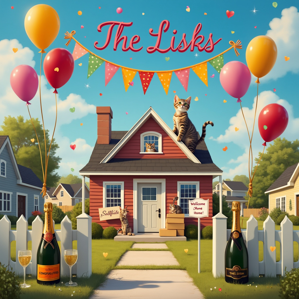 In a charming suburban neighborhood, a quaint house with a "SOLD" sign staked firmly in the front yard captures the eye. The scene is brimming with celebration, starting with the two cheerful tabby cats, one perched on the window sill and the other playfully batting at a balloon that has floated down to their level. The house's front door is wide open, revealing a stack of moving boxes and a "Welcome Home" doormat, slightly askew from excited footsteps. A colorful "Congratulations" banner stretches across the front porch, anchored by two poles adorned with swirling bunting that waves gently in the breeze. Brightly colored balloons of all shapes and sizes hover above, some tied to the porch railing and others freely drifting towards the sky.

In the foreground, a small table is set up with a champagne bottle popping open, the fizz spraying joyfully into the air, and two flutes filled and ready for a toast. Intricately designed champagne glasses with little cat paw prints etched onto them add a unique touch.

Dominating the background, the sky is a vivid blue with fluffy clouds forming the words "The Lisks" in an elegant script, giving a personalized celestial touch to the joyous occasion. The scene tells a story of a new chapter, filled with love, laughter, and feline frolics, all coming together to create a heartwarming and congratulatory atmosphere for "The Lisks."
Generated with these themes: New Home, Two Tabby cats, Champagne, Congratulations banner, Balloons, Bunting, and SOLD sign.
Made with ❤️ by AI.
