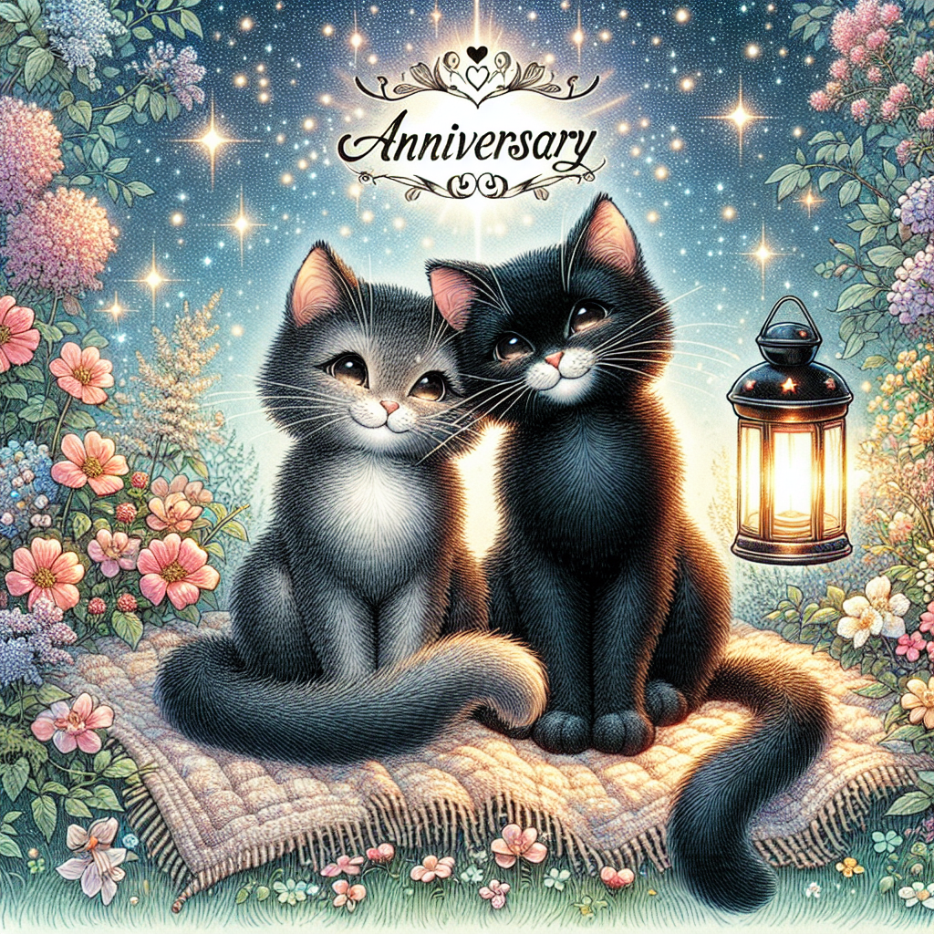 A lovely and heart-warming illustration for an anniversary celebration. The scene features two affectionate black cats with soft and gentle eyes sitting in close proximity, their tails enmeshed. Their perch on a snug blanket amidst a blooming field of flowers adds to the charm. The backdrop is filled with a sky speckled with stars. The radiance from a soft lantern lights up the surroundings, adding a warmth and glow to the imagery. An elegant etching of the number 'anniversary' is brightly illuminated above the feline pair.
Generated with these themes: Black cats .
Made with ❤️ by AI.