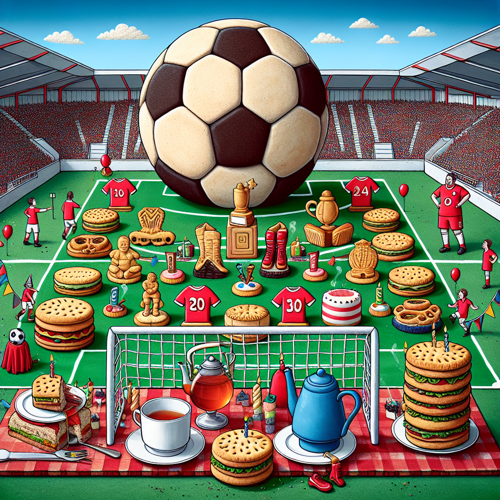 Create a humorous illustration based on a birthday party taking place in a generic football stadium. An oversized football is placed in the middle of a spread of biscuits shaped like jerseys, boots, and trophies. Meanwhile, a tea kettle and cups are located on top of a miniature goalpost, surrounded by sandwiches and other snacks arranged to resemble the spectators' stands. Characters dressed in generic red football kits are humorously trying to pour tea without spillage. The stadium is decorated with festive birthday banners and balloons.
Generated with these themes: Football , Biscuits , Tea, Food, and Liverpool.
Made with ❤️ by AI.