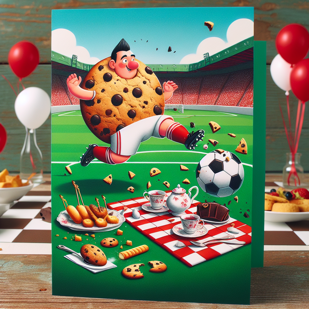 A colorful birthday card displaying a funny scene set on a rich, green football pitch. In the prominent area, an amusing caricature of a football player in a generic red and white uniform humorously attempting to kick an oversized cookie instead of a soccer ball, with bits and pieces scattering about. Adjacently, an elegant tea set is neatly placed on a checkerboard picnic blanket, surrounded by an array of finger foods. Floating casually in the backdrop, red and white balloons enhance the celebratory mood of the occasion.
Generated with these themes: Football , Biscuits , Tea, Food, and Liverpool.
Made with ❤️ by AI.