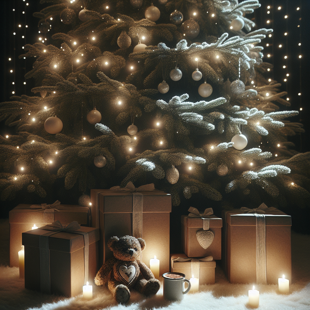 A serene winter night scene unfolds featuring a towering Christmas tree, adorned with subtly twinkling white lights, interspersed within its abundant boughs. Stashed under its sprawling branches are modestly wrapped gifts, depicting a minimalist aesthetic, raising a sense of humble magic. Among the gifts, a well-loved teddy bear with a stitched heart emblem rests, harking back to numerous past festivities. Quietly present, a mug of piping hot cocoa exudes an aromatic scent that fills the grand room, invoking heartwarming memories amidst a fleeting moment of silent introspection.
Generated with these themes: Tree, Gift, Magic, Heart, Space, Teddy, Cocoa, and Sparkles.
Made with ❤️ by AI.