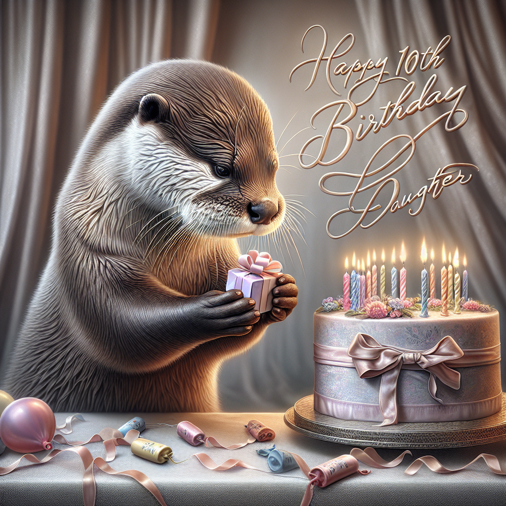 Picture a hyperrealistic portrayal of an otter, each strand of its fur detailed with precision and nuance. The otter is carefully holding a petite pastel-colored gift in its claws. Next to the otter, there is a cake decorated with ten brightly sparkling candles. Written in sophisticated cursive script in the sky above the scene is 'Happy 10th Birthday, Daughter'. Floating in the background are softly draping streamers, while a few gently deflated balloons lie scattered on the ground below, subtly hinting at a party that just concluded. The whole scene emanates a calm post-celebration tranquility while maintaining an undercurrent of intimate warmth. The intense focus on realism in this image brings a heartfelt sincerity to the birthday greetings.
Generated with these themes: Otter, Happy 10th Birthday, and Daughter.
Made with ❤️ by AI.