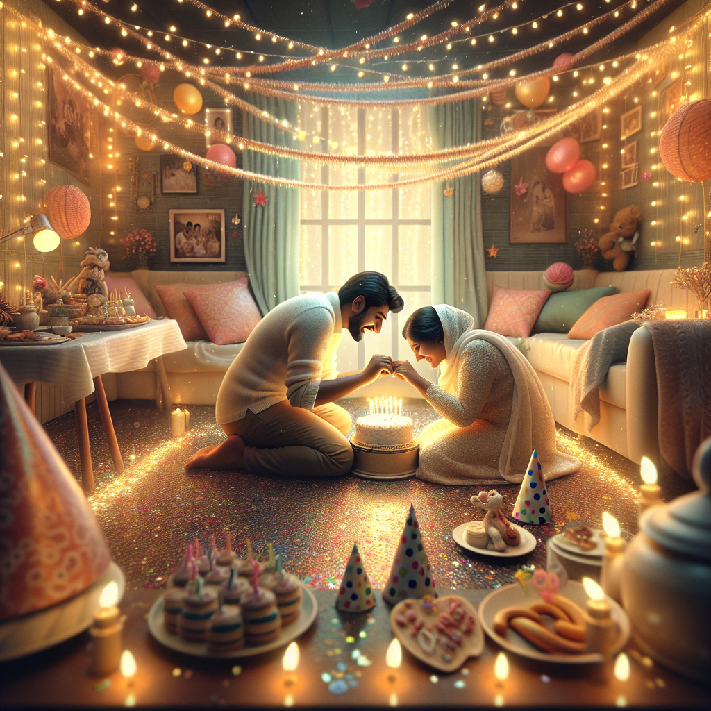 Depict a lovingly realistic scene of a cozy, festively decorated room. Inside, we can see a South Asian couple engaged in a gentle and joyous wrestling match; a unique, sweet and celebratory interaction. The ambiance is animated with the sound of their soft giggles and cheerfulness. Enveloping them is a décor of twinkling fairy lights intermingling with vibrant birthday streamers that hang in varying directions. A nearby table is set up meticulously with a spread of party hats and sprinkled confetti. The table's crowning glory is a sumptuous, tantalizing birthday cake adorned with delicate icing, bringing a testament to a setting filled with sheer joy and love.
Generated with these themes: South Asian couple wrestling.
Made with ❤️ by AI.