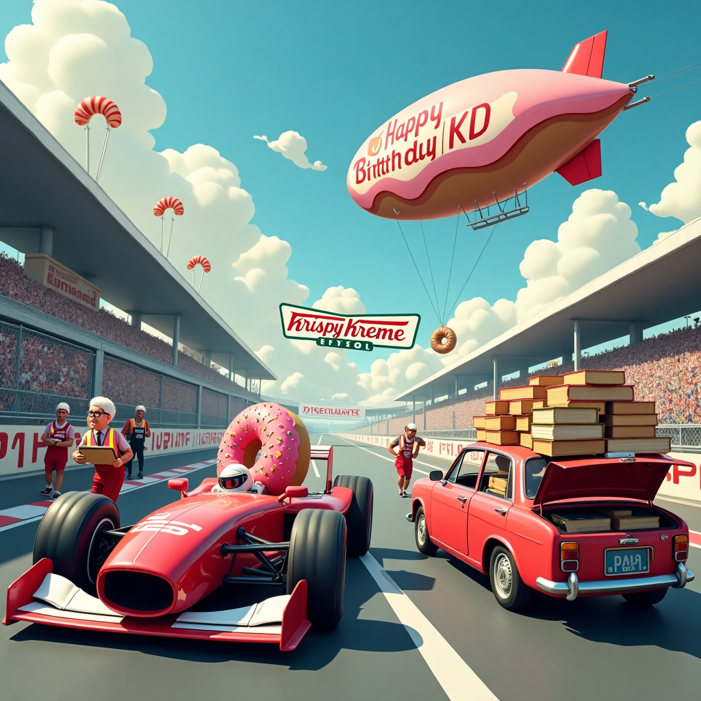 In the bustling pit lane of a whimsical Formula 1 race, the scene unfolds with a quirky twist. At the center, a shiny red Formula 1 car zooms by, but instead of a typical driver, there’s a giant Krispy Kreme donut manning the wheel, with icing and sprinkles flying off as it speeds. Next to the track, a cheerful, slightly worn Toyota Corolla is parked, its trunk open and overflowing with boxes of donuts, as if it’s the race team's official supplier. On the hood of the Corolla, a stack of law books precariously balances, and a bespectacled law clerk, dressed in traditional legal attire complete with a comically oversized powdered wig, is furiously taking notes on a donut-shaped notepad. Overhead, a blimp flies by, trailing a colorful banner that reads "Happy Birthday KD!" in vibrant icing colors, making it look like it's written in sugary frosting. In the sky, fluffy clouds are playfully shaped like donuts, adding to the whimsical charm. The pit crew, each wearing aprons with donut motifs, busily strategize with clipboards that look suspiciously like giant glazed donuts. This delightful scene is a chaotic blend of racing excitement, sugary treats, and a nod to the legal profession, all tied together with a celebratory birthday flair for KD.
Generated with these themes: Formula 1, Krispy kreme donuts, Toyota corolla, and Law clerk.
Made with ❤️ by AI.