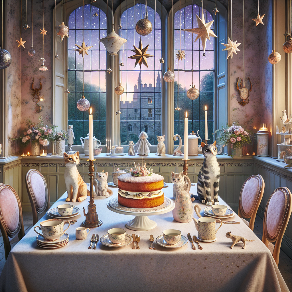 Imagine a charming room awash with soft pastel colors, playing host to a birthday celebration. The centerpiece of the elegantly set table is a flawless Victoria sponge cake, crafted with the utmost finesse, inviting you to enjoy it with a cup of fresh tea. Each place setting features a charming figurine representing one of three different cat breeds - a lovable ginger feline, a refined tuxedo variant, and a remarkably patterned tortoiseshell breed - all presented with an uncanny realism. Suspended above, the room sparkles with gentle astronomy-themed ornaments, representing the majestic night sky. The alluring backdrop of a medieval castle, seen through the open window, adds another layer to the scene, while a soft symphony of chirping birds permeates the surroundings, setting a mood that's both peaceful and festive.
Generated with these themes: Ginger cat, Tuxedo cat, Tortoiseshell cat, Tea, Astronomy, Caldicot, Castle, Victoria sponge, and Birds.
Made with ❤️ by AI.