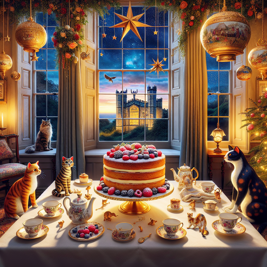 Depict an inviting celebration taking place in a cozy room filled with a warm, golden atmosphere. In the room's center, find a festive table showcasing a Victoria sponge cake lavished with fresh berries and powdered sugar. Scattered around the cake are fine bone china teacups hinting at the delightful promise of steaming Earl Grey tea. Adding a touch of whimsy, there are three lifelike cat figurines - a playful ginger, a frisky tuxedo, and a captivating tortoiseshell, all frozen in the middle of their playful antics. Above the tableau, dangle carefully crafted decorations based on the theme of astronomy, showcasing the beauty of constellations and celestial bodies. Viewed through the windows, the majestic Caldicot Castle graces the twilight backdrop outdoors. To complete the envisioned ambiance, include the comforting sounds of chirping birds playing from concealed speakers, which seamlessly blends the tranquility of nature with the festivity indoors.
Generated with these themes: Ginger cat, Tuxedo cat, Tortoiseshell cat, Tea, Astronomy, Caldicot, Castle, Victoria sponge, and Birds.
Made with ❤️ by AI.