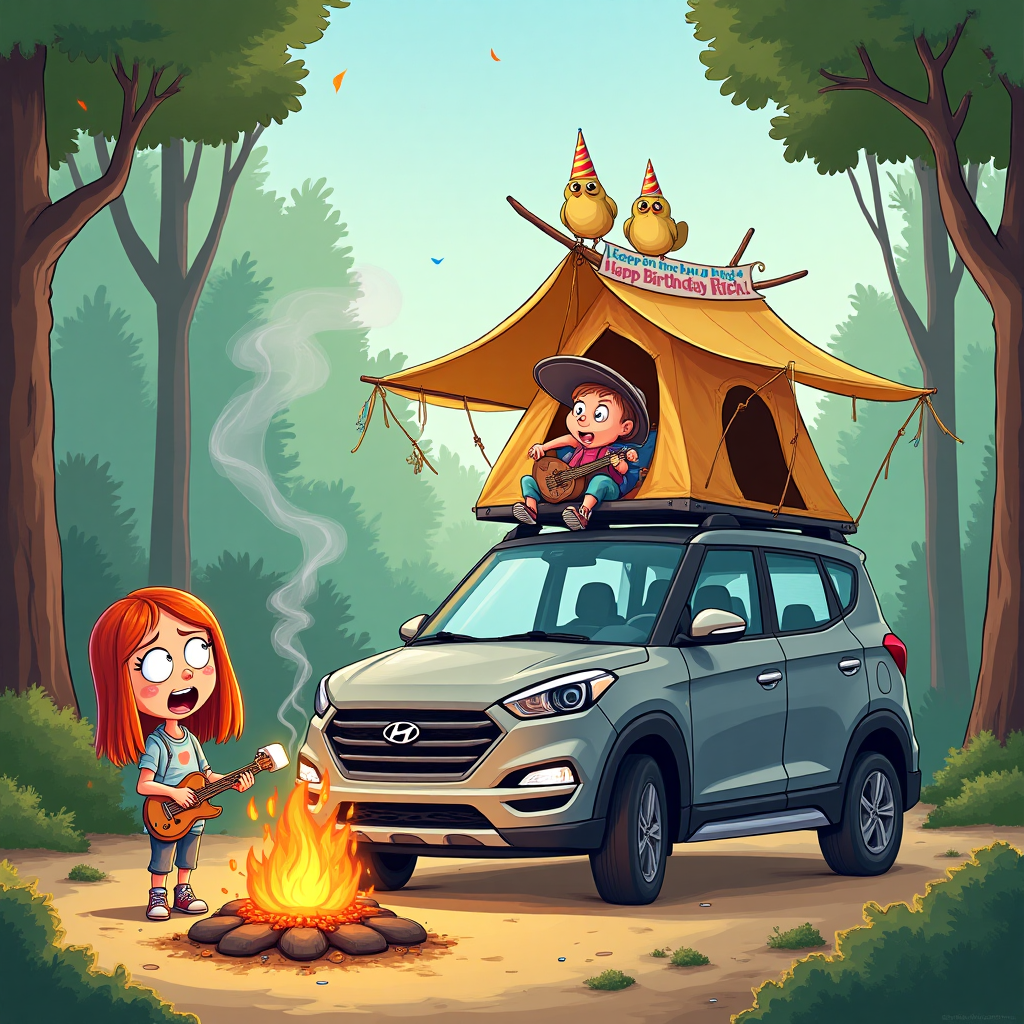 Roof tent , Grey hyundai tucson, Girl with straight ginger hair , Boy with brown short hair , Camp fire , and Birthday Card