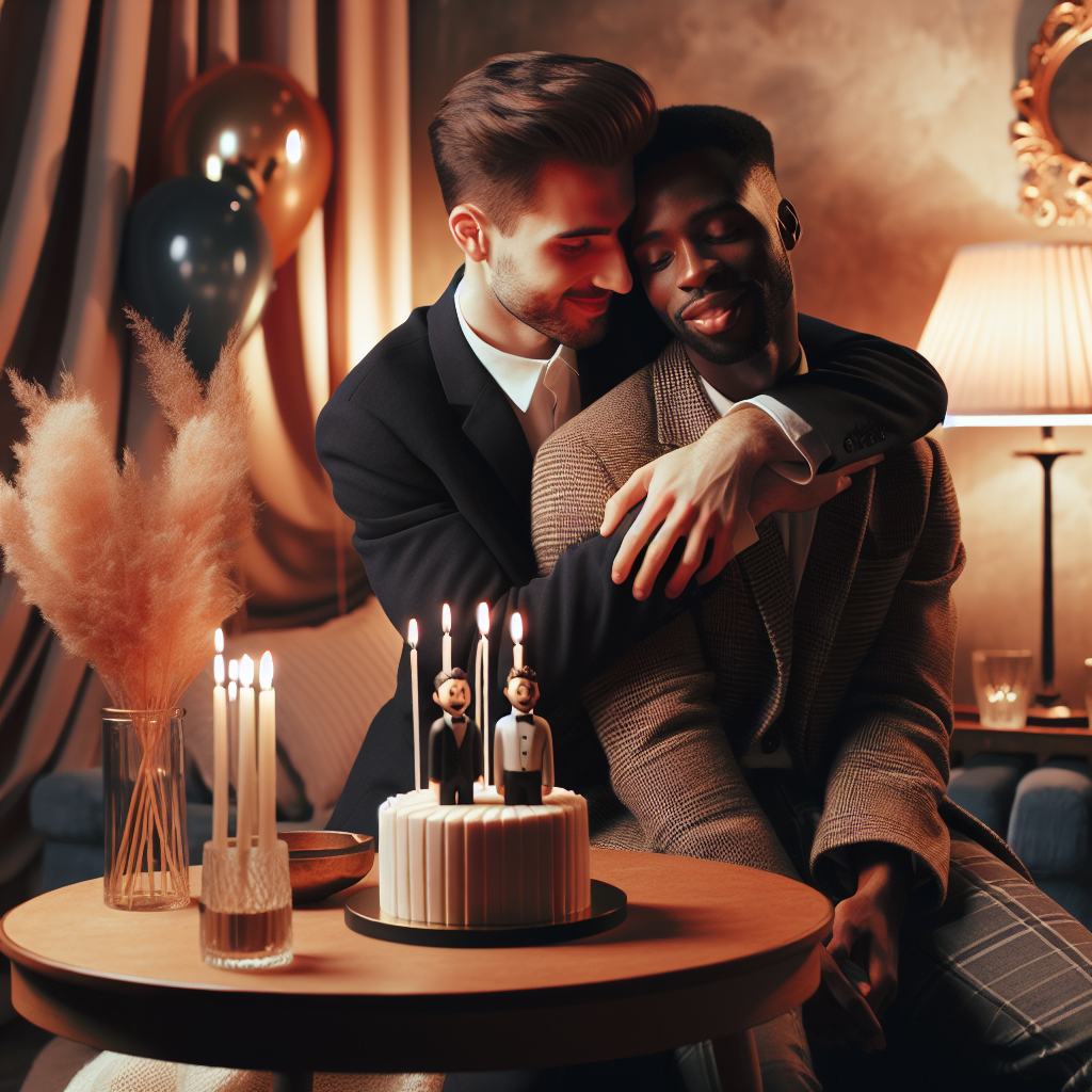 Create an image of a warm and convivial birthday celebration, featuring a cozy and warmly lit room with a subtle, pastel colour scheme. The main part of the depiction is of two affectionate men, both identify as gay, hugging each other softly. Their ethnic origins could be represented as one being Caucasian and the other being Black for an inclusive scenario. In the room, a small, elegantly appointed birthday cake is resting on a table next to them, bearing two figurines atop that mirror the couple, both dressed in smart, fashionable suits. Capture the joyful atmosphere suggestive of faint laughter and the melody of a happy birthday song.
Generated with these themes: Gay, and Men.
Made with ❤️ by AI.