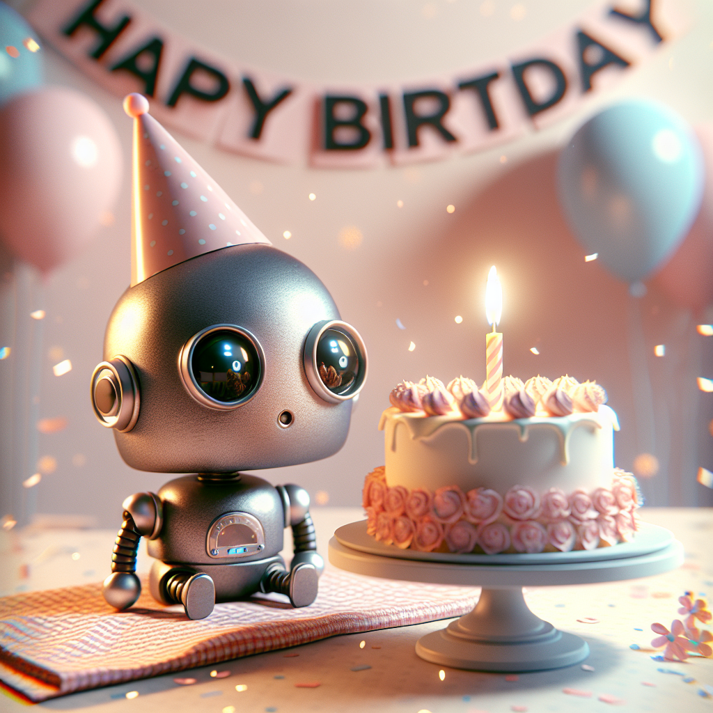 Create a heartwarming birthday-themed illustration where a charming robot sits alone in front of a small birthday cake placed on a table covered with a checkered cloth. The robot's eyes should sparkle, and it proudly adorns a tiny party hat perched amusingly on its head. The cake is decorated with a solo lit candle that radiates a gentle glow, reflecting off the robot's metallic structure. The backdrop features a close-up view of pastel-colored balloons and a banner cheerfully displaying 'Happy Birthday' in a casual typeface, with delicate confetti softly falling around the robot.
Generated with these themes: Robots.
Made with ❤️ by AI.