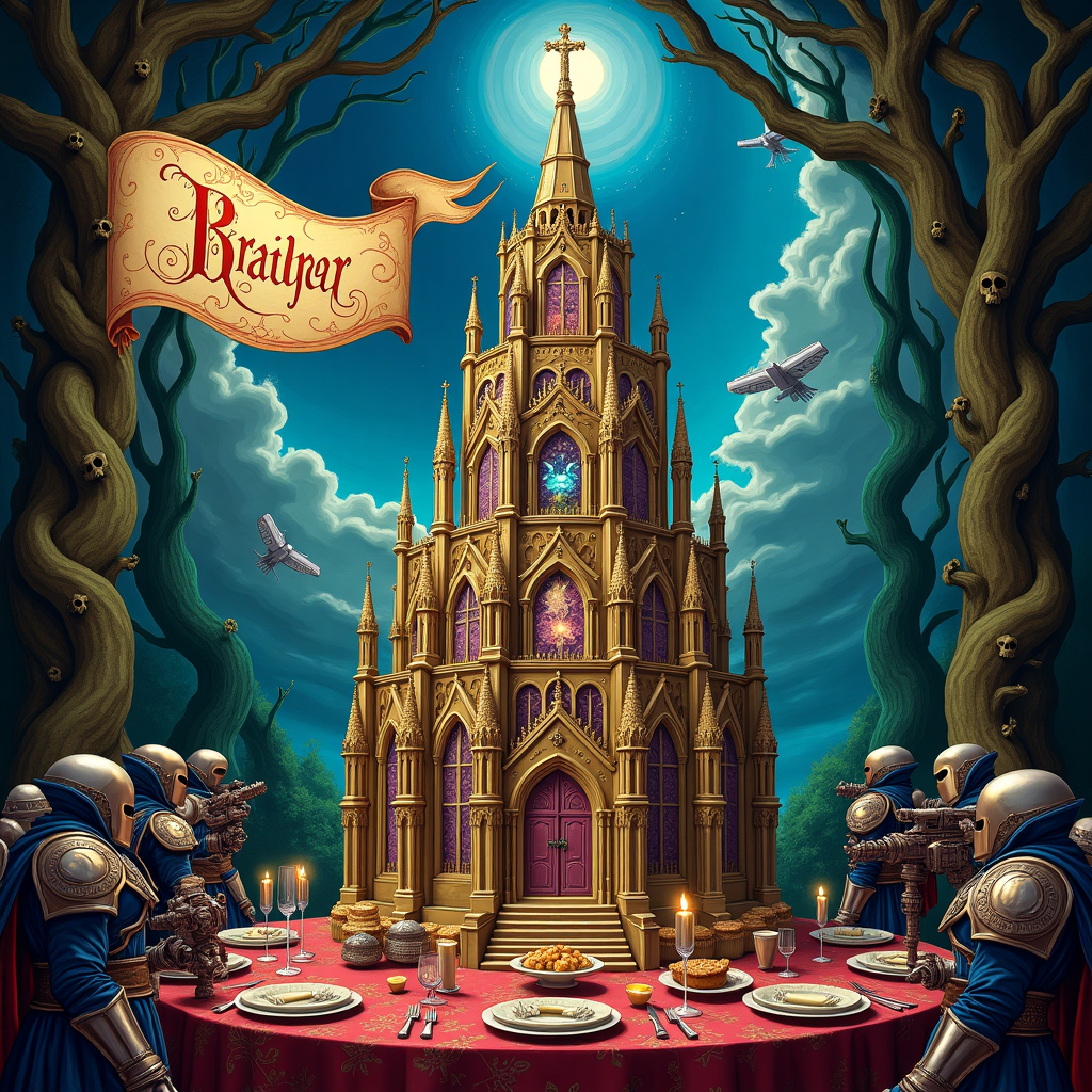 Imagine a vividly surreal birthday scene set within the gothic and grandiose universe of Warhammer 40K, where epic scale meets intricate detail. At the center of the card, a towering, baroque-inspired birthday cake resembles a cathedral, layered with gothic architecture complete with flying buttresses, arches, and stained glass-like icing. The cake is adorned with delicate sugar-crafted figures of Space Marines in their ornate armor, standing guard as if protecting a sacred relic.

To the left, an intricately detailed banner flutters, reminiscent of medieval tapestries, where the word "Per" is elegantly inscribed in a calligraphic font. It seems almost ancient, woven with gold and crimson threads, subtly catching the light. Above, the sky is a swirling cosmos, painted with deep blues and purples, dotted with stars and the looming silhouettes of distant battle cruisers, their lights blinking against the infinite void.

In the foreground, a table is laid out as though for a feast, but instead of the usual accoutrements, it is set with fantastical Warhammer 40K elements. Silver cutlery shaped like miniature bolters, goblets resembling power armor helmets, and plates etched with the sigils of various factions. The tablecloth is richly patterned with vines and skulls, in a nod to the Baroque style of Beardsley and Rackham.

Around the base of the cake, detailed figures akin to the whimsical creatures of Maurice Sendak dance and celebrate, each with exaggerated, expressive features reminiscent of Blake's work, their garments flapping dramatically as if caught in an unseen wind.

The background is a lush tapestry of twisted, ancient trees and alien flora, with gnarled branches and oversized leaves, their textures detailed with the care of Wyeth and Parrish, giving the whole scene a sense of depth and immersive complexity.

The color palette is rich and saturated, with dark greens, regal purples, burnished golds, and blood reds, highlighted by luminous silver and iridescent whites, evoking the majestic and the mythical. The overall composition blends the illustrative whimsy of Potter and the haunting precision of Doré, creating a birthday scene both fantastical and otherworldly.
Generated with these themes: Warhammer 40K.
Made with ❤️ by AI.