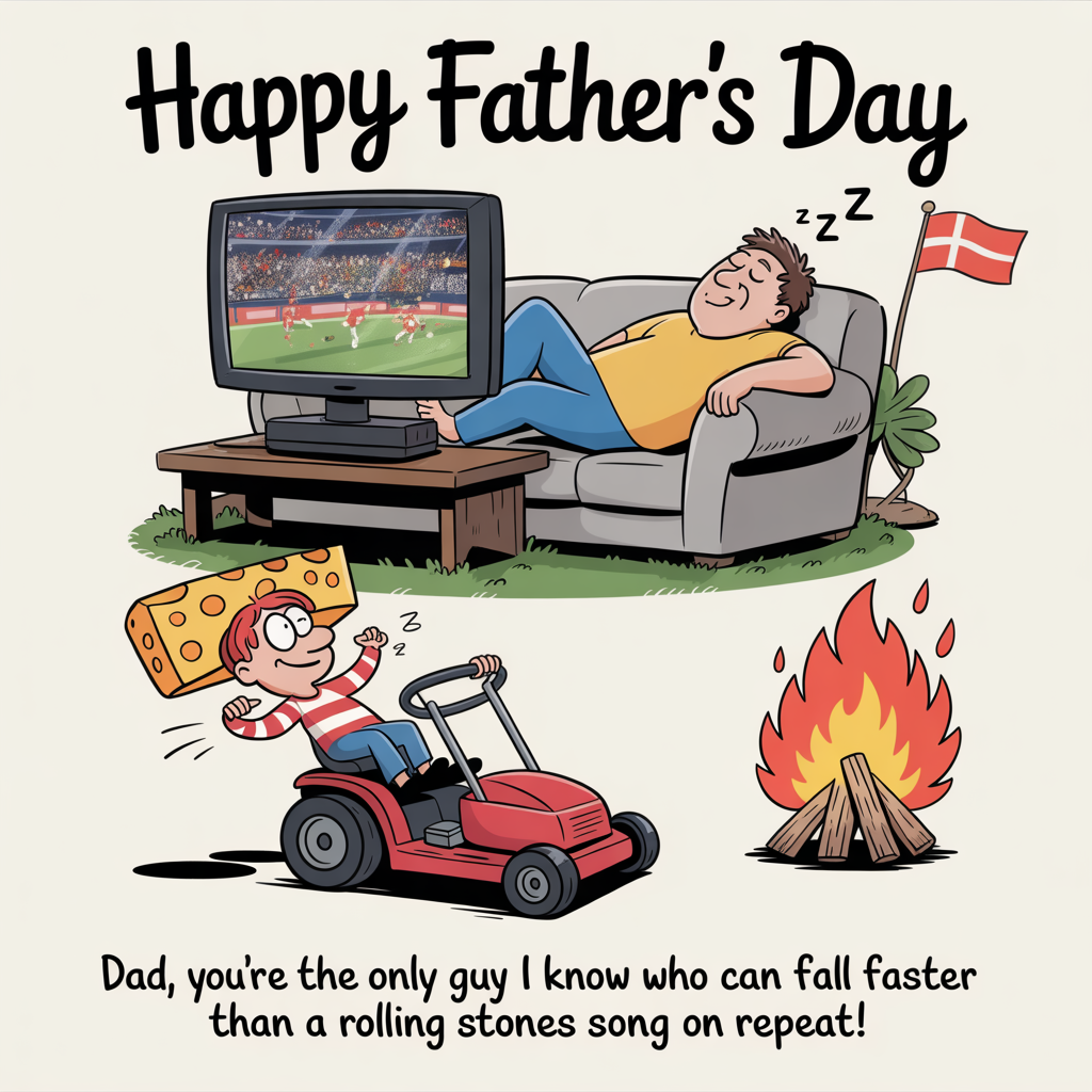 At the top of the image, "Happy Father’s Day"

At the bottom of the image, "Dad, you're the only guy I know who can fall asleep faster than a Rolling Stones song on repeat!"

- In the center of the image, illustrate a whimsical cartoon scene featuring a dad snoozing on a sofa with a TV in front of him. The TV displays a lively sports game, while the dad is slumped back, snoring away. 
- A mini Monty Python-esque cheese wheel character is trying to balance on a ride-on lawn mower in the foreground, looking both amused and puzzled.
- Off to the side, a tiny, exaggerated bonfire flickers humorously, with a Danish flag comically waving atop.
Generated with these themes: Watching sport on tv, falling asleep on sofa, Monty python, Rolling Stones, cheese, ride on lawn mower, lighting bonfires, Denmark, , and .
Made with ❤️ by AI.