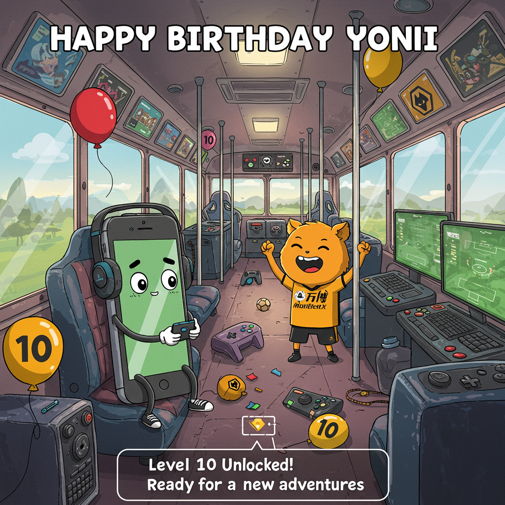 At the top of the Cartoon Style image, place the text: "Happy Birthday Yonni!"

**Scene Description:**

In the center of the image, depict a playful cartoon-style scene set inside a vibrant and whimsical gaming bus. The bus is jam-packed with colorful gaming consoles and screens flashing with games. The atmosphere inside the bus is lively and bustling with energy. 

On one side of the bus, there's a cartoonish iPhone character, with a big, expressive face and tiny legs, playing a video game on its screen, completely engrossed and wearing exaggerated headphones. 

Next to the iPhone, there’s a comically over-excited character in a Wolves Football Club jersey, jumping up and down with joy, as if they've just scored the winning goal in a virtual football match. This character is about the same height as the iPhone, with exaggerated features, like a huge grin and oversized eyes.

Scattered around the bus, there are small floating balloons with the number "10" prominently displayed on them, adding to the celebratory mood. The balloons are in bright colors, enhancing the festive and cheerful atmosphere.

At the bottom of the image, include a funny text in a playful font: "Level 10 Unlocked! Ready for new adventures!"
Generated with these themes: Iphone, Gaming bus, Age 10, Wolves football club, and .
Made with ❤️ by AI.