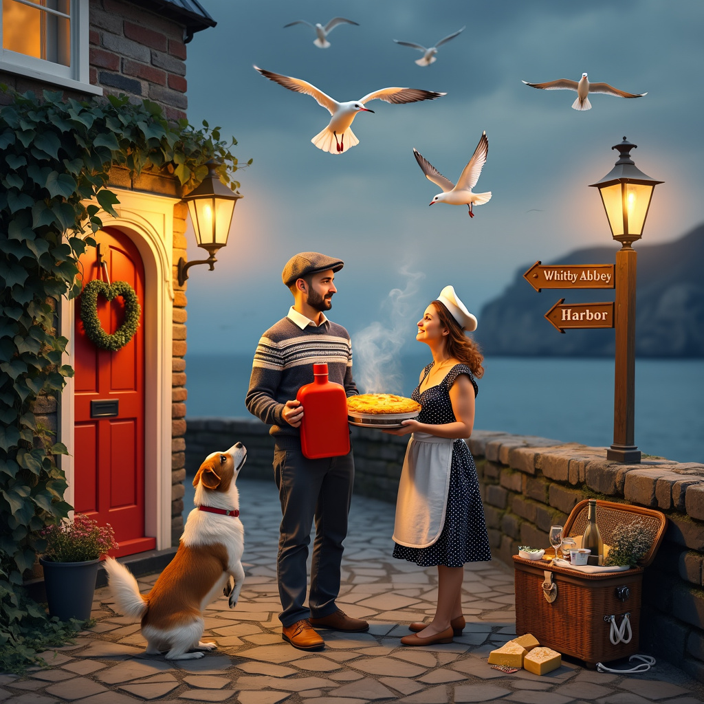 In the bustling seaside town of Whitby, it's a quaint, cobblestone street scene filled with charm and a touch of whimsy. At the heart of the scene is a cozy, seaside cottage with a red front door adorned with a heart-shaped wreath. The focus is on a couple enjoying their anniversary in an unusual but heartwarming tableau.

The husband, wearing a classic fisherman's sweater and a wool cap, is playfully holding a shepherd's pie, steam wafting up and forming whimsical heart shapes. Beside him, his wife, clad in a polka-dot dress and an apron, holds a large, bright red hot water bottle with a loving smile. 

In front of them, their lively Jack Russell Terrier, wearing a little sailor's hat, is bouncing on its hind legs, excitedly sniffing the shepherd's pie. The dog’s tongue lolls out in eager anticipation.

In the background, the iconic Whitby Abbey can be seen perched on the hill, adding a historical touch. The cobblestone street is dotted with lantern-lit street lamps, and a few seagulls hover above, one cheekily eyeing the shepherd’s pie.

A small, wooden signpost near the couple points in two directions: one labeled "Whitby Abbey" and the other "Harbor", hinting at their seaside location. Ivy creeps up the side of the cottage, adding to the cozy, lived-in feel of the scene. 

The sky is a dusky, twilight blue with hints of pink, suggesting a romantic evening. On the ground next to the couple, a vintage picnic basket spills over with anniversary goodies – a bottle of wine, cheese, and a bouquet of wildflowers.

This scene is full of intricate details and quirky elements, creating a charming and humorous snapshot of a special anniversary celebration.
Generated with these themes: Jack russell, Whitby, Hot water bottle, and Shepherds pie.
Made with ❤️ by AI.