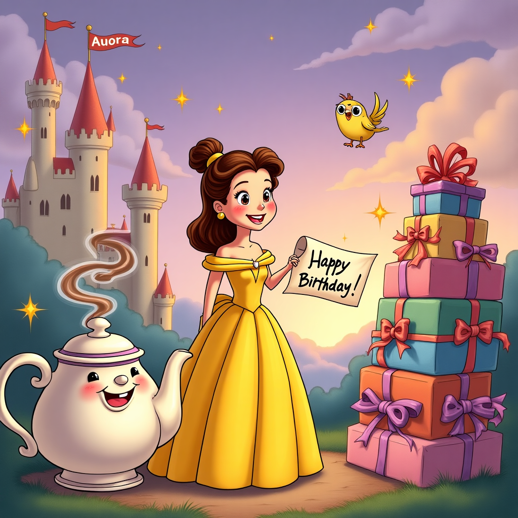 In the foreground of the card, a whimsical and cartoonish version of Princess Belle from "Beauty and the Beast" stands at the center, her features exaggerated in a fun, delightful manner. Her iconic golden gown is a radiant shade of sunflower yellow, accentuated with vibrant orange highlights that capture the light as if they're shimmering. Her eyes are large, playful, and full of expression, much like a character from a Charles Schulz or Bill Watterson comic.

Belle is surrounded by an animated scene of enchanted objects. To her left, a large, jovial teapot with a grinning face and rosy cheeks pours out a swirling stream of hot chocolate, which forms the shape of the name "Aurora" in mid-air, with steam tendrils curling around it whimsically. The teapot is a glossy, bright white with purple detailing.

To her right, a stack of colorfully wrapped presents piled high almost seems to teeter, wrapped in pastel pinks, blues, and greens, each topped with exaggerated bows in dazzling reds and purples, reminiscent of Osamu Tezuka's bold manga style.

Behind Belle, the backdrop is a soft, dreamy castle scene, rendered in a manner similar to the dream-like landscapes of Winsor McCay. The castle towers are covered with playful, oversized flags flapping in the gentle breeze, with one of the flags displaying the word "Aurora" in a cheerful, playful font.

Above, the sky is a burst of rich lavender and peach hues, suggesting a magical twilight. It's dotted with cartoonishly large, fluffy clouds, among which a few small, twinkling stars poke through. To add a touch of magic, there are little bursts of golden sparkles scattered throughout the sky, giving a nod to the enchantment of the Disney universe.

A small, comical bird with exaggerated, friendly eyes flutters nearby, holding a tiny, hand-drawn scroll with its beak that reads "Happy Birthday" in a style reminiscent of Gary Larson's humor, tucked with subtle details for a playful twist.

The scene, with its vibrant colors and exaggerated cartoon features, captures the joy and whimsy of a birthday celebration in a fantastical world where magic and laughter reign supreme.
Generated with these themes: Princess Belle.
Made with ❤️ by AI.
