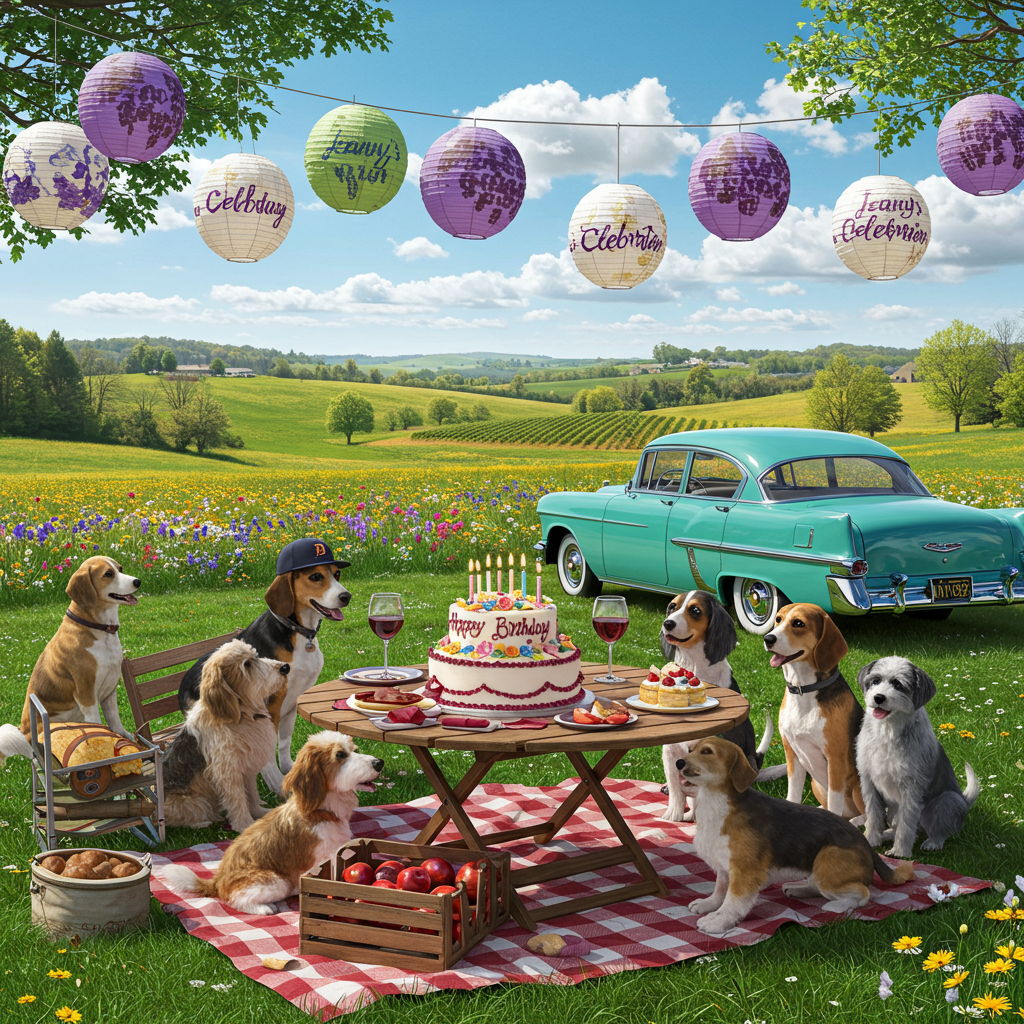 Front Cover Description:

The scene unfolds in a vibrant springtime park setting, full of life and color. In the foreground, a circular picnic table is set up on a lush patch of bright green grass. On the table, there's an elaborate birthday cake decorated with delicate sugar flowers in pastel hues—pinks, yellows, and blues—and the message "Happy Birthday Jeany" is carefully piped in a cursive, wine-red icing across the top tier.

Around the table, a gathering of lifelike dogs of various breeds, each with expressive and playful features, are enjoying the outdoor celebration. One beagle, in particular, has a Detroit Tigers baseball cap perched on its head, a nod to Jeany’s birthplace, and is gazing curiously at a glass of red wine set beside the cake.

In the background, a scenic view of rolling Illinois hills is visible, with a burst of blooming wildflowers stretching across the landscape, their colors mirroring the cake decorations. A vintage 1952 Chevrolet, immaculately detailed in a glossy teal, is parked just beyond the table, with its license plate artfully showing "JNY1952."

Suspended above the scene, a whimsical string of paper lanterns gently sways in the spring breeze. Each lantern is designed with patterns reminiscent of vineyard motifs, in shades of deep purple and green, harmonizing with the wine theme. One lantern is painted with the words "Jeany's Celebration," subtly integrating her love for wine and gatherings.

The sky is a brilliant azure, with fluffy white clouds lazily drifting by, casting soft shadows over the picnic scene. The lighting is gentle, capturing the essence of a perfect spring afternoon, highlighting the intricate details of each element in the scene.
Generated with these themes: Spring time, born1952 in Detroit, living in Illinois, loves dogs, loves wine.
Made with ❤️ by AI.