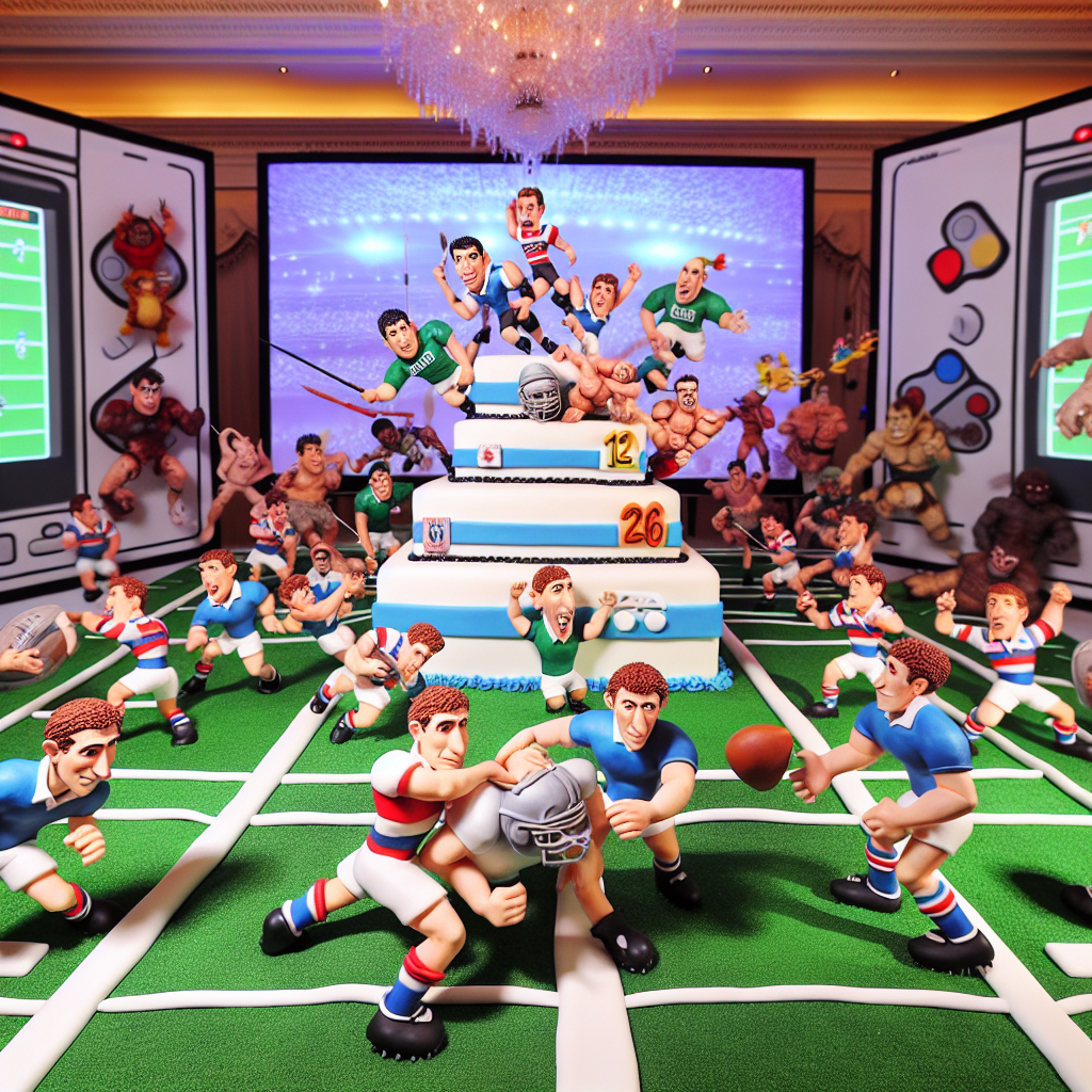 Imagine a humorous and action-packed cartoon-inspired birthday setting. In the center, caricatured athletes from rugby and American-football games are humorously tackling each other on a field, blurring the lines between the two sports. Around this energetic match, characters resembling those from popular video games leap from screen-themed decorations, engaging guests in playful interaction. The festive atmosphere is accentuated by a giant three-layered cake, designed like a generic gaming console, complete with edible joysticks and buttons, waiting for the birthday gamer's wish.
Generated with these themes: Rugby, NFL, and Video games.
Made with ❤️ by AI.