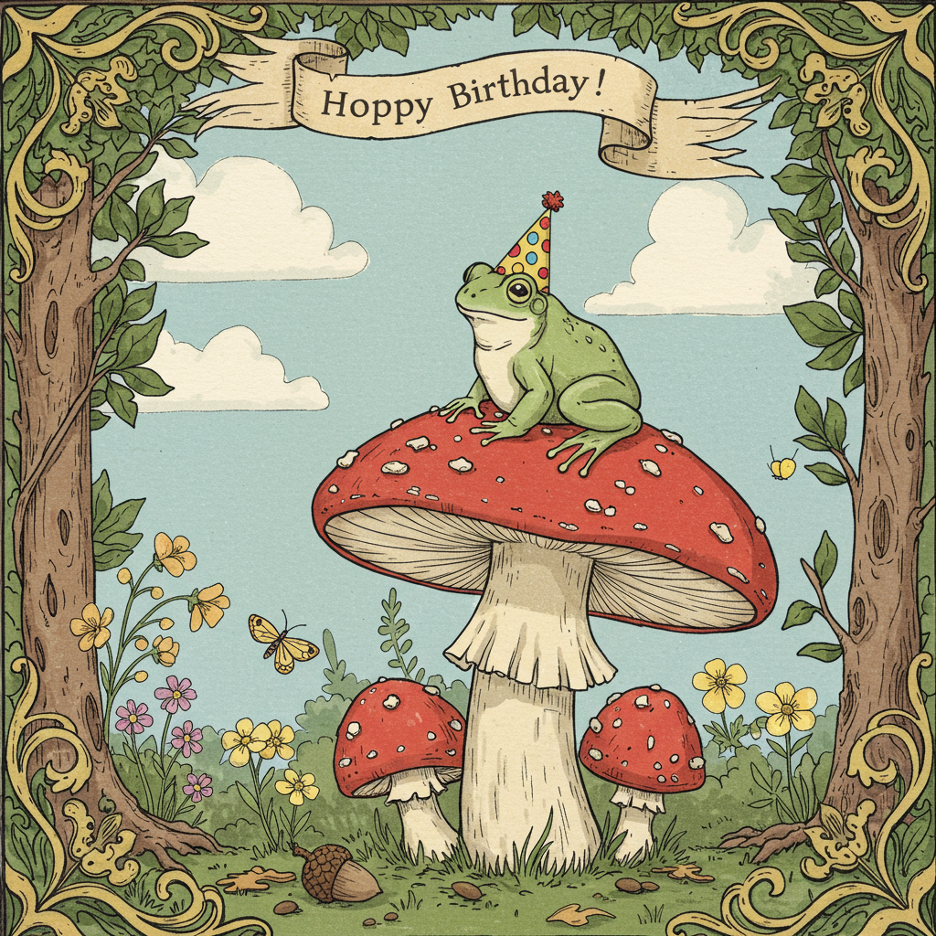 In the foreground of the card, a whimsical, hand-drawn frog sits proudly atop a giant mushroom. The frog is detailed with an expressive, slightly exaggerated smile, adding a touch of character and personality. It wears a tiny, pointed birthday hat adorned with colorful polka dots—red, yellow, and blue—reflecting a classic party theme.

The mushroom, drawn with delicate lines and shading reminiscent of Arthur Rackham's style, has a thick, textured stem in muted beige and cream tones. Its cap is a vibrant red with white spots, similar to a classic fly agaric mushroom, providing a playful and eye-catching element.

Surrounding the frog are a series of small, delicate flowers inspired by Beatrix Potter's work, with pastel pinks, yellows, and purples scattered about, each detailed with tiny leaves and petals. A few butterflies, with intricate patterns on their wings, flutter around the scene, adding movement. Their wings are in shades of blue and orange, creating a harmonious contrast with the flowers.

In the background, lush, hand-drawn trees with intricately detailed bark and leaves form a gentle arc, framing the scene. The leaves are a mix of greens, from deep emerald to light olive, drawn with the meticulous detail of Gustave Doré's etchings. The forest floor is dotted with scattered leaves and a few fallen acorns, providing a touch of texture and depth.

In the sky above, wispy clouds, drawn in a style reminiscent of Maxfield Parrish's dreamy skyscapes, float lazily by, painted in soft hues of white and light grey against a pale blue sky. In the top left corner of the card, a stylized, vintage-inspired banner—perhaps influenced by Aubrey Beardsley—curls elegantly, holding the words "Hoppy Birthday!" in a playful, handwritten font.

Overall, the scene is a richly detailed and charming tableau, combining elements from various artistic styles to create a unique and endearing birthday greeting card cover.
Generated with these themes: Frog.
Made with ❤️ by AI.