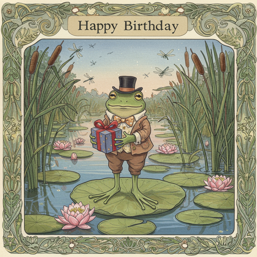 **Front Cover Description:**

**Main Scene:** At the center of the illustration, place an animated, anthropomorphic frog standing atop a whimsical lily pad. The frog is dressed in a charming Victorian-style outfit, inspired by Beatrix Potter's characters, with a small top hat perched jauntily on its head and a bow tie snugly tied around its neck. The frog is holding a colorful, wrapped birthday present in its outstretched hands, adorned with a vibrant red ribbon and bow.

**Background Elements:** The scene is set in an enchanting pond under the gentle light of a late afternoon sun, much like the detailed works of Arthur Rackham. Tall cattails and lush reeds frame the edges of the card, with delicate dragonflies flitting around, their wings glinting in the light. Floating nearby, small clusters of water lilies bloom in hues of soft pinks and whites, their reflections shimmering in the pond's serene surface.

**Color Palette:** The color scheme should take inspiration from Maxfield Parrish’s palette, using rich blues and purples in the background sky, fading into softer pastel hues as it meets the water. The frog’s outfit should incorporate earthy greens and browns, with pops of vibrant colors in the present and accessories.

**Details and Accents:** In the spirit of Edward Gorey, include intricate line work to accentuate the textures of the frog’s outfit, the veins of the lily pads, and the delicate wings of the dragonflies. A few small birds in the background, possibly sparrows or finches, add a touch of animation, captured in mid-flight above the pond.

**Border and Typography:** A subtle, ornate border inspired by Aubrey Beardsley frames the illustration, with flowing lines and delicate motifs of lilies and dragonflies interwoven. The title "Happy Birthday" is elegantly inscribed at the top in a playful, yet classic typeface reminiscent of Quentin Blake’s hand-lettering style.

This card cover combines the detailed illustration style of classic artists with whimsical, storybook elements, capturing a birthday scene full of charming, nature-inspired details.
Generated with these themes: Frog.
Made with ❤️ by AI.