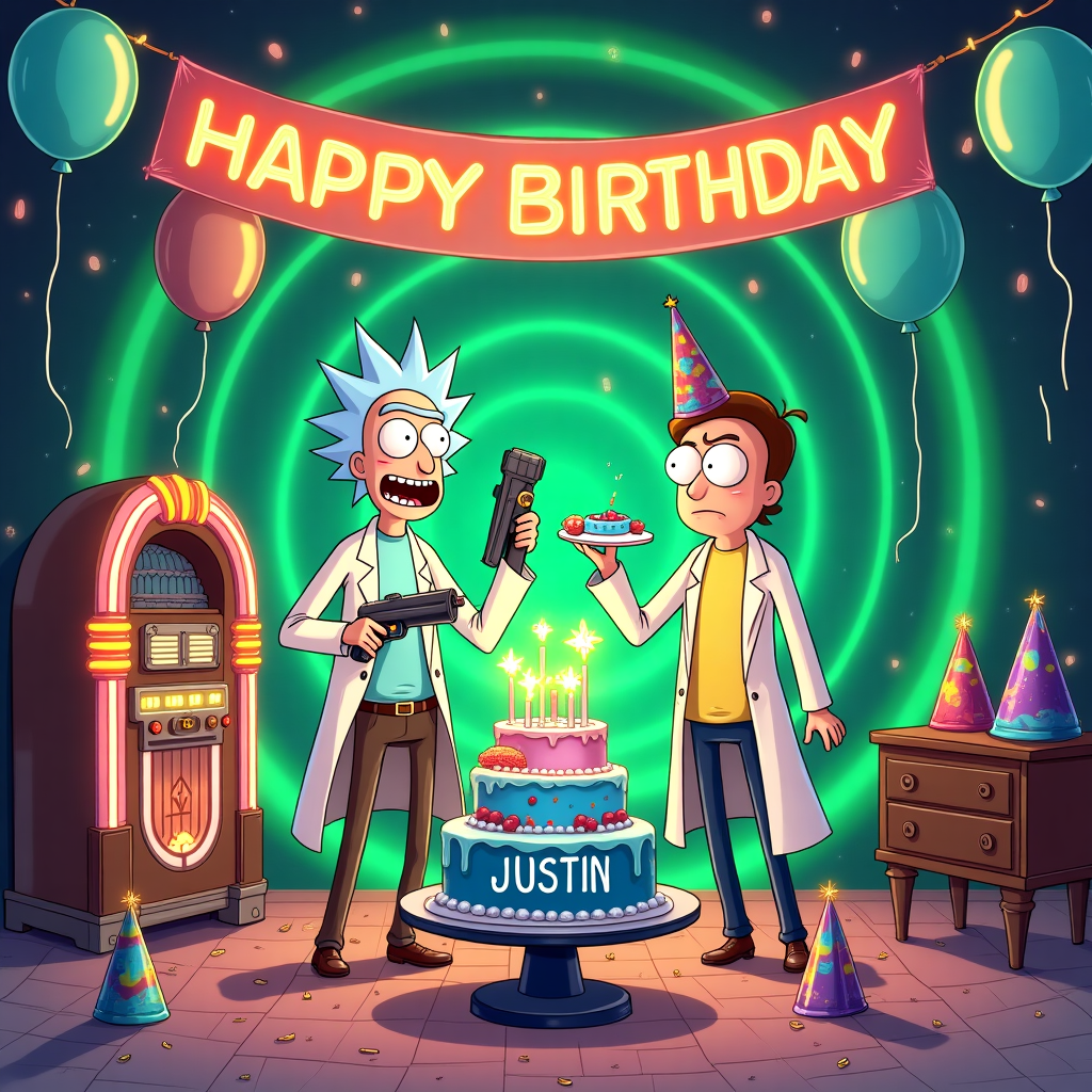 **Front Cover Illustration Description:**

The setting is a lively, interdimensional birthday party, blending a classic celebration with a touch of "Rick and Morty" sci-fi flair. 

- **Background & Setting:** 
  - The backdrop features a swirling portal, characteristic of the "Rick and Morty" universe, with vibrant greens, blues, and purples. Beyond the portal, glimpses of alien landscapes and planets can be seen, adding depth and intrigue.
  - In the foreground, a futuristic living room scene is laid out. A retro-futuristic jukebox with neon lights is in the corner, casting a soft glow across the room.

- **Main Scene Elements:**
  - **Rick and Morty:** The duo stands prominently in the middle of the scene. Rick, holding a portal gun in one hand and a party popper in the other, wears a classic white lab coat with scattered colorful confetti on it. Morty, wearing a birthday hat and an uneasy expression, holds a slice of birthday cake on a paper plate. Both characters are richly detailed to resemble their animated counterparts.
  
- **Decorations:**
  - Hanging from the ceiling are floating balloons of various sizes, with metallic finishes in shades of silver, green, and purple.
  - A large banner stretches across the top of the scene, adorned with glowing LEDs, reading "HAPPY BIRTHDAY" with the name "Justin" integrated stylishly among the letters, as if it's been whimsically added by Rick's mischief.
  
- **Birthday Cake:**
  - The cake sits on a hovering table, designed to look like a spaceship's control panel, complete with blinking buttons and dials.
  - The cake itself is multi-tiered, iced in blue with tiny edible planets and galaxies dotting its surface. It has sparklers fizzing atop, with the words "JUSTIN" elegantly written in galactic-themed icing across the front.

- **Additional Details:**
  - On the floor, there are scattered party hats, each with a unique, colorful pattern, as well as various odd gadgets, hinting at Rick's experimental nature.
  - In the corner, a floating robot serves drinks, with a sleek chrome finish and retro design, holding trays of alien-themed beverages in neon colors.

This scene combines the zany "Rick and Morty" universe with a touch of birthday celebration, packed with vibrant colors, lifelike details, and a hint of cosmic adventure, perfect for an unforgettable birthday card cover.
Generated with these themes: Rick and morty .
Made with ❤️ by AI.