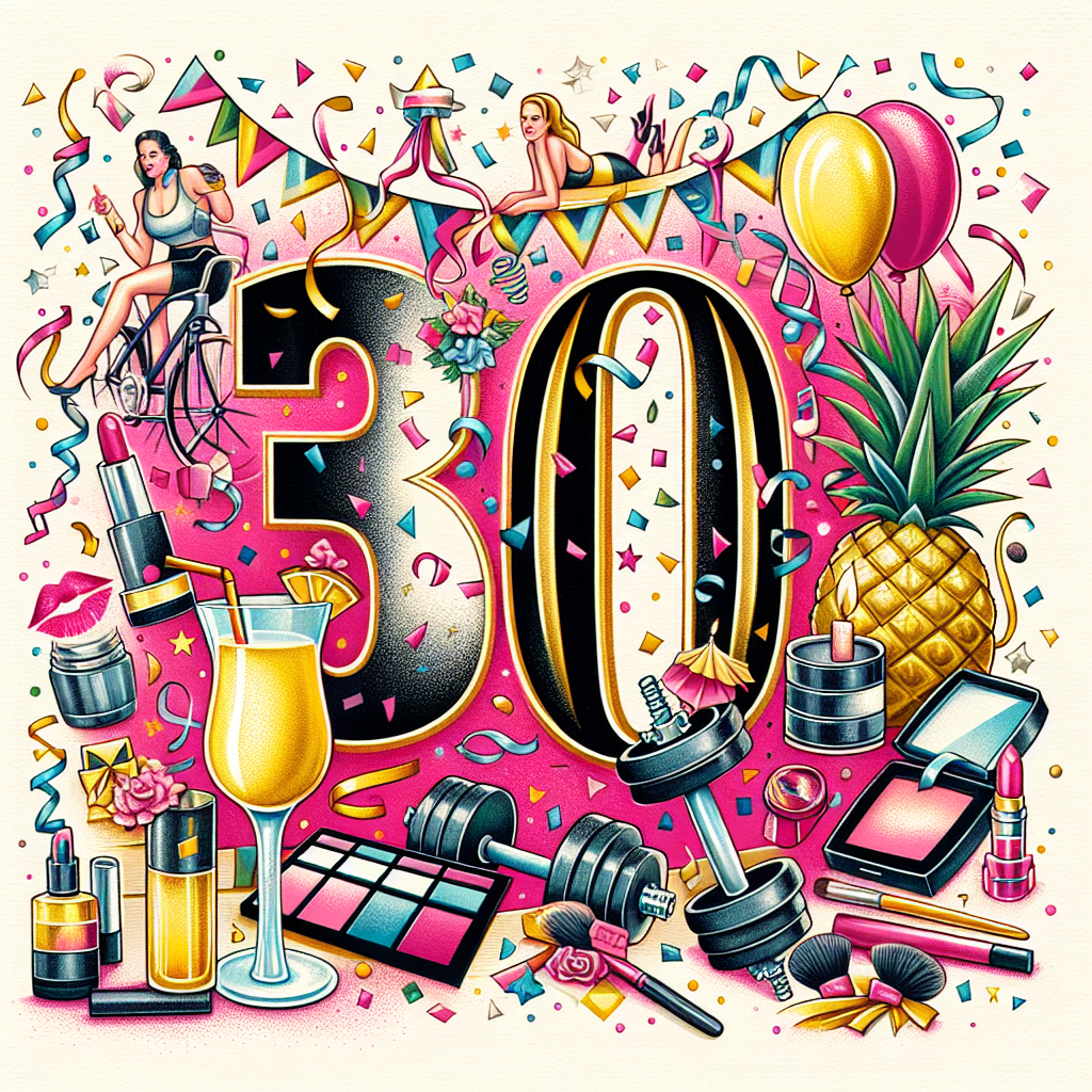A vibrant illustration to celebrate a 30th birthday featuring the numeral '30' prominently displayed at the center. The scene is filled with confetti streamers and gym equipment like dumbbells and a kettlebell, symbolizing the celebrant's commitment to fitness. There is a makeup palette and lipstick skillfully placed next to them in the collage, showcasing a love for beauty and cosmetics. Unrecognizable figures resembling musicians are subtly placed in the corners to suggest a love for music. The design is completed with a chic glass of vodka pineapple, fancifully garnished with a mini umbrella, for a fun, festive touch.
Generated with these themes: 30, Gym, Make up, Freddie mercury , Sonny Fodera, and Vodka pineapple.
Made with ❤️ by AI.
