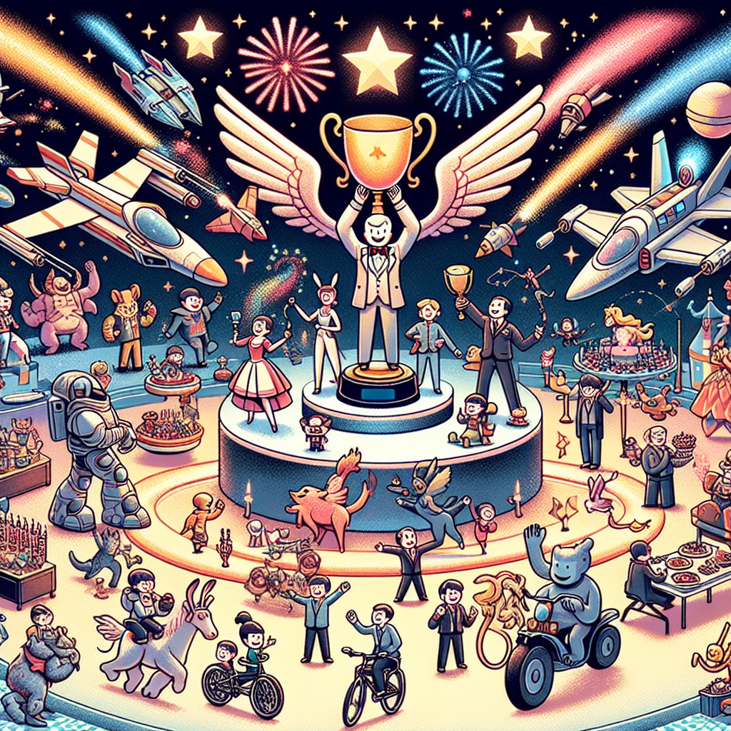 A playful illustration sets the stage, merging the magical worlds of popular futuristic space theme and a famous fairy-tale kingdom. At the center, an unnamed representation of victory stands atop a platform, grasping a trophy, encircled by iconic figures like space warriors and fairy-tale champions. Above, futuristic star-planes sweep across a sky ablaze with fireworks mimicking animal ears shape, while below, an array of characters gleefully indulge in shared meals, and cycle on bikes along a winding path that symbolizes the journey of accomplishment.
Generated with these themes: Star Wars, Disney, Hot dogs, and Bike rides.
Made with ❤️ by AI.
