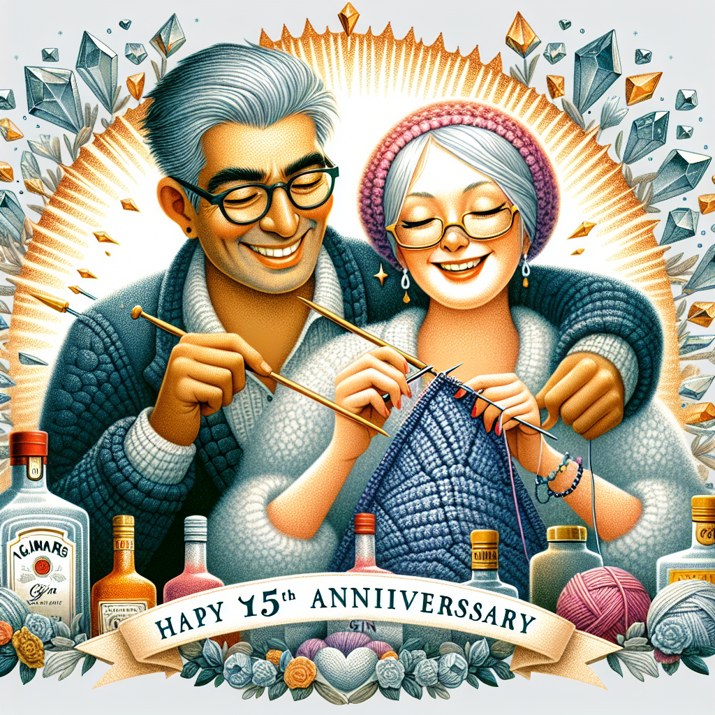 Create a whimsical illustration that commemorates a 15th anniversary, featuring a South Asian man and a Caucasian woman cozily crocheting together. Their faces gleam with shared joy and satisfaction as they engage in their hobby. Behind them, an elegant array of gin bottles serves as a testament to their shared passions. The artwork is filled with intricate textures that resemble both the multifaceted shine of crystals and the brilliance of diamonds, symbolizing the radiance and multifaceted nature of their enduring union. The overall tone should evoke feelings of joy, warmth, and longevity.
Generated with these themes: 15, Anniversary, Crochet, Gin, Art, Crystal, and Diamonds.
Made with ❤️ by AI.