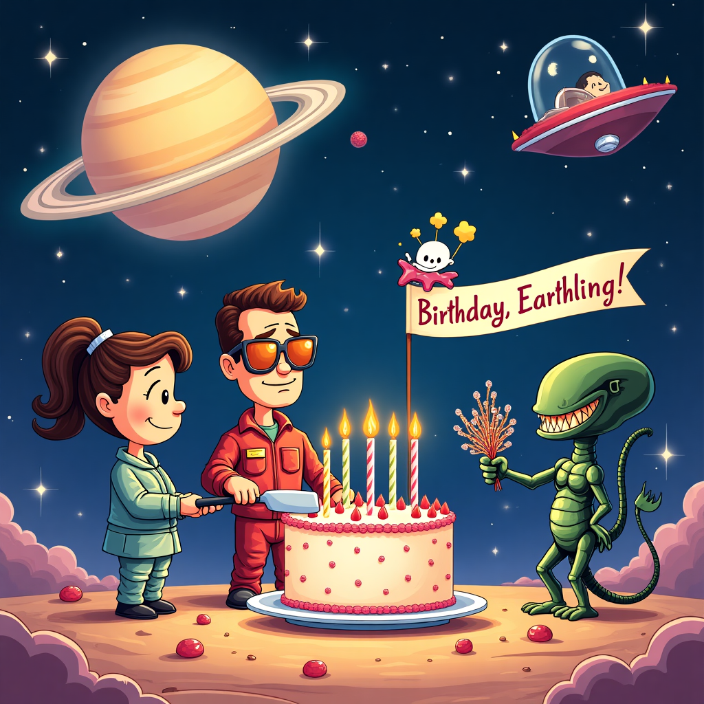 In a whimsical, cosmic birthday scene, a cartoon mashup of space adventure and celebration unfolds. Picture a vast, starry expanse with the shimmering rings of Neptune providing a vibrant, pastel-hued backdrop. At the forefront, a comically oversized birthday cake floats in zero gravity, adorned with intergalactic candles shaped like little planets and stars. Standing to one side, Ellen Ripley, in her iconic space jumpsuit, flashes a wry smile as she holds a spatula poised to cut the cake. Next to her, Arnold Schwarzenegger as the Terminator sports his signature sunglasses, though they've been humorously adapted with cartoonishly large, heart-shaped lenses in a nod to the love theme. He's holding a bouquet of alien flora—strange, squiggly plants with bioluminescent buds that glow in various shades of blue and green.

On the opposite side, a Xenomorph, rendered in a non-threatening, cartoonish style reminiscent of Charles Schulz's Peanuts, playfully extends its elongated arms, ready to accept a slice of cake. Its teeth are bared not in menace but in a wide, expectant grin, as if it's just another one of the gang. Floating nearby, a small, anthropomorphic version of Neptune winks, holding a banner that reads "Happy Birthday, Earthling!" in bold, colorful letters.

The scene is interspersed with comical elements, like a tiny spaceship piloted by a cartoon Arnold and Ripley drawn in a style inspired by Bill Watterson's Calvin and Hobbes, zooming playfully around the cake, leaving a trail of sparkling stardust. Small celestial creatures resembling Osamu Tezuka's Astro Boy flutter around, adding an air of joy and wonder. The background features whimsical illustrations of distant galaxies, creating a rich tapestry of vibrant colors and dynamic shapes that echo the adventurous spirit of Tintin. This space-bound birthday extravaganza captures a harmonious blend of sci-fi and celebration, inviting all to partake in the cosmic festivity.
Generated with these themes: Xenomorph alien and terminator and Ellen Ripley and Arnold Schwarzenegger giving birthday cake for birthday celebration in space, Plants, Neptune, Love, and Xenomorph.
Made with ❤️ by AI.