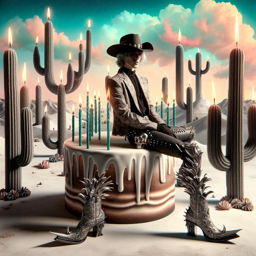 Generate a surreal image with a birthday theme. The focal point is a male cowboy with a gothic style, situated in a desert shaped like a cake under a sky filled with pastel colors flowing like a liquid. The desert is populated with candles mimicking the form and structure of cacti, their flames swaying and casting long shadows. The male cowboy's gothic fashion integrates elements of the Wild West, including a belt buckle shaped like a skull and detailed, ebony-colored boots embellished with ethereal silver spurs.
Generated with these themes: Cowboy goth.
Made with ❤️ by AI.