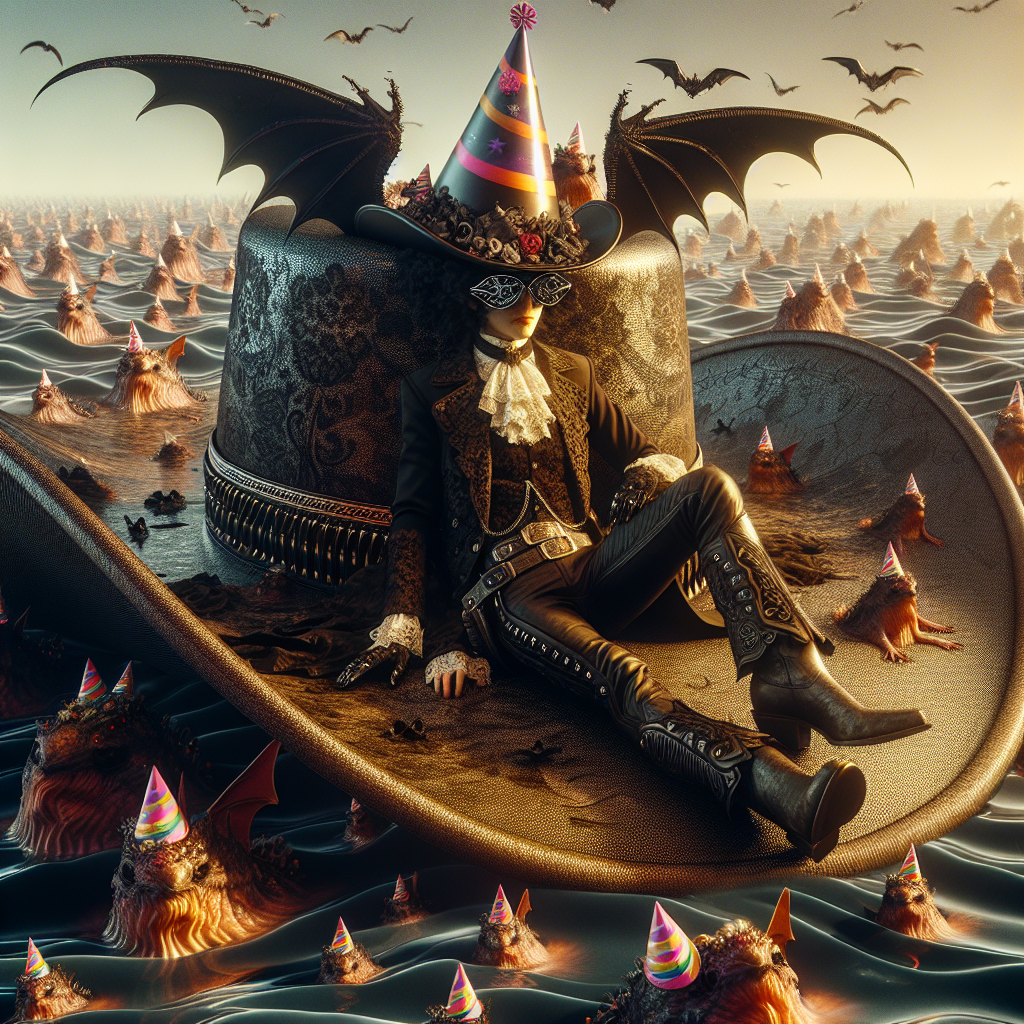 Generate a surreal image themed around a birthday party. The scene is set on a huge, sunken cowboy hat floating in an otherworldly ocean. On it, a Cowboy-Goth character is reclining against the hat's brim. This character is a fusion of Victorian opulence and cowboy ruggedness, donned in lace and chaps, and boasts a pair of dark, reflective sunglasses shaped like bat wings, accentuating the Gothic motif. The cowboy is surrounded by an assortment of fantastical creatures, each whimsically wearing tiny party hats. These exceptional details bring about an attractively strange visual feast.
Generated with these themes: Cowboy goth.
Made with ❤️ by AI.