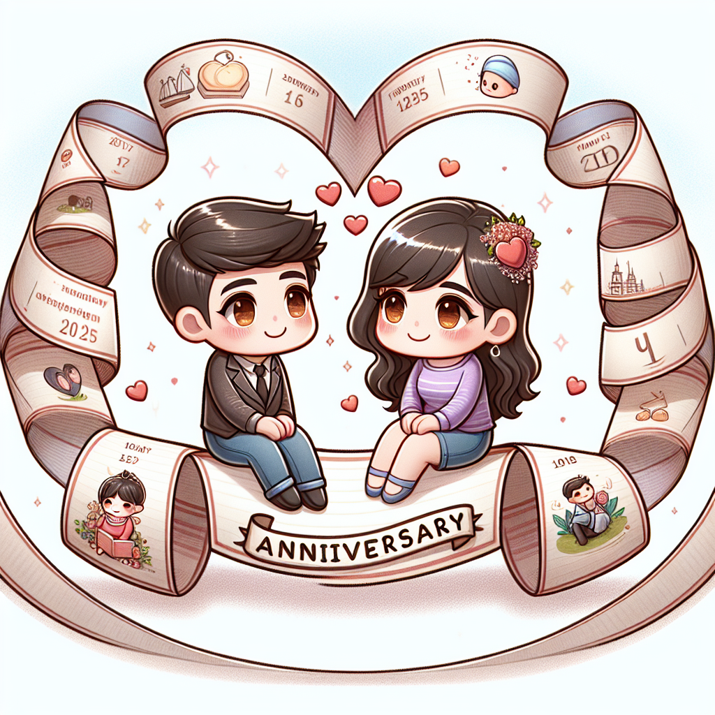 Create an image in a cute cartoon style representing a joyous anniversary celebration. Feature two endearing characters, one a Caucasian male and the other a Hispanic female, sitting on top of an imaginative timeline that showcases significant stages of their shared life. They should be looking intently at each other, with their eyes radiating the affection they hold for each other, and tiny hearts floating above them. The timeline should curve elegantly around the couple, leading to a ribbon that displays the word 'Anniversary' in an engaging font, symbolizing the importance of their shared journey.
Generated with these themes: Anniversary, History, and Love.
Made with ❤️ by AI.