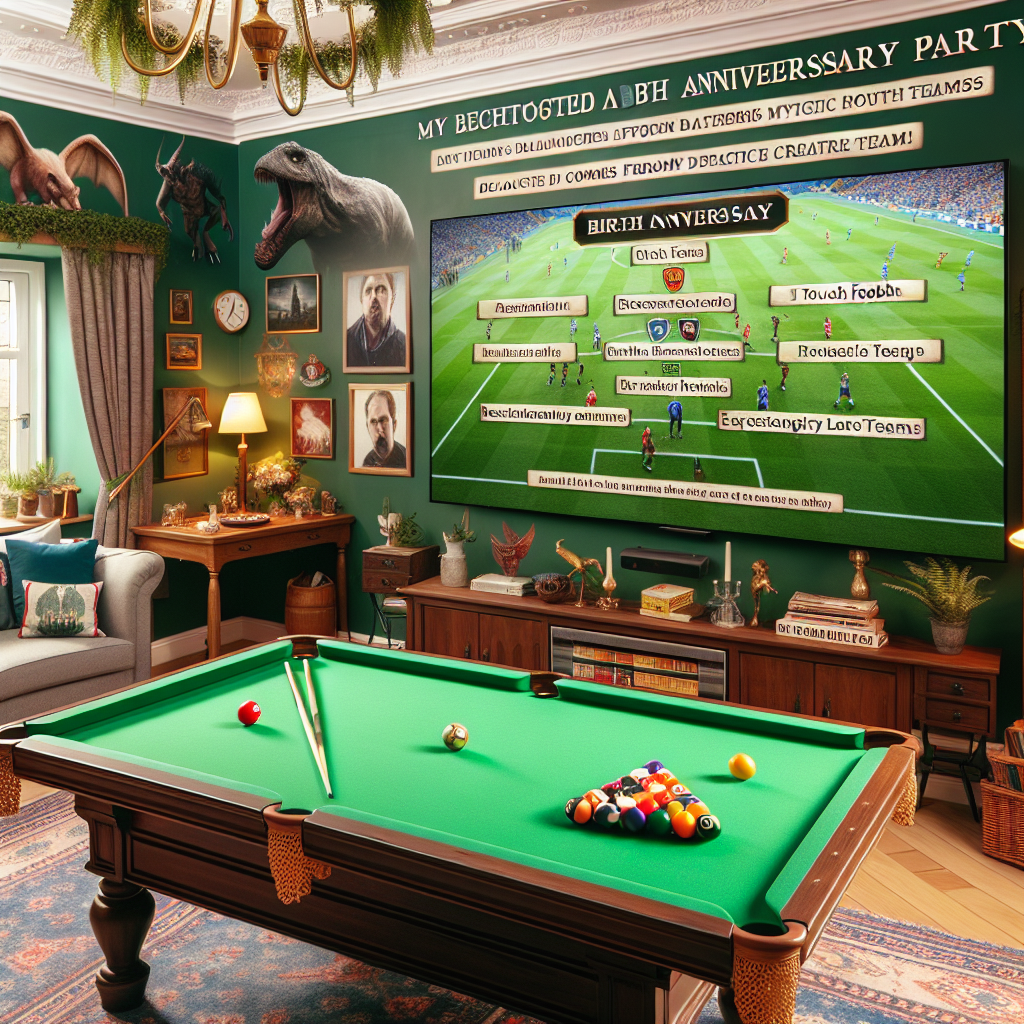 An inviting living room turned into a birth anniversary party. The decor and surroundings illustrating the birthday person's interests. A television screening a recreational touch football game, and the teams are titled after mythical creature-teams, with the atmosphere filled with dialogues from a popular detective comedy series. Towards a corner, a table with cues and colored balls invites strategic game lovers. This table with a lush green cloth surface serves as the arena for amicable contests, adding fun and laughter to this entertaining day of celebration.
Generated with these themes: Football, Pokemon, Brooklyn 99, and Snooker.
Made with ❤️ by AI.