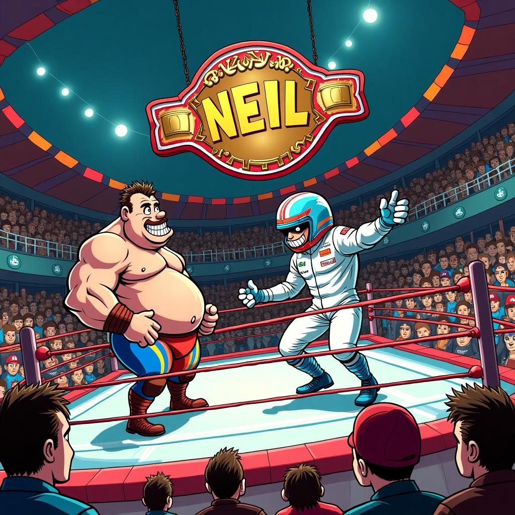 The scene unfolds in a vibrant, cartoon-style wrestling ring set against a colorful backdrop. The wrestling ring, occupying the center, is a whirlwind of action and detail. It's a vivid, exaggerated rendition of a wrestling spectacle, where a dynamic clash is unfolding between a burly wrestler and a sleek F1 driver, both characters exhibiting exaggerated, comical features reminiscent of Charles Schulz and Bill Watterson’s work.

The wrestler, with muscles bulging comically, wears an outrageously colorful singlet in electric blue and neon orange. His features are over-the-top with a massive grin, and a large, cartoonish, Lucha Libre-style mask adds an extra layer of humor. Opposing him, the F1 driver dons a flamboyant racing suit, an explosion of reds, whites, and sponsor decals, and a helmet that seems more decorative than functional, drawing inspiration from the whimsical stylings of Osamu Tezuka. His pose is nimble, almost like he’s trying to steer an invisible car in the ring.

Above the ring, hanging dramatically, is a championship belt unlike any other – it's a playful concoction made entirely out of interlinked PS5 consoles, gleaming white with their signature blue accents. The title "Neil" is emblazoned across the belt in bold, stylized lettering, crafted in a way that mimics the futuristic typeface of the consoles’ branding.

The crowd surrounding the ring is a vibrant jumble of characters from various video games and F1 drivers, each depicted with unique, exaggerated traits in the spirit of Hergé and R. Crumb. There's a character with an oversized head wearing a Mario hat, a Sonic the Hedgehog lookalike with spiky blue hair, and an array of F1 drivers with comically large helmets and expressions of surprise.

In the background, the arena walls are festooned with colorful banners and pixelated video game icons, adding layers of visual fun. The colors are a riot of primary shades, with an underlying sense of chaos and excitement, as if plucked from a playful alternate universe.

This scene captures a lively, humorous celebration in a style that's a nod to some of the most beloved cartoon and comic creators, filled with detail and exuberance, perfect for a birthday card that’s anything but ordinary.
Generated with these themes: Wrestling ring, F1 driver fighting wrestler, Crowd is filled with characters from games and f1 drivers, and Title hanging is a belt made out of PS5s.
Made with ❤️ by AI.