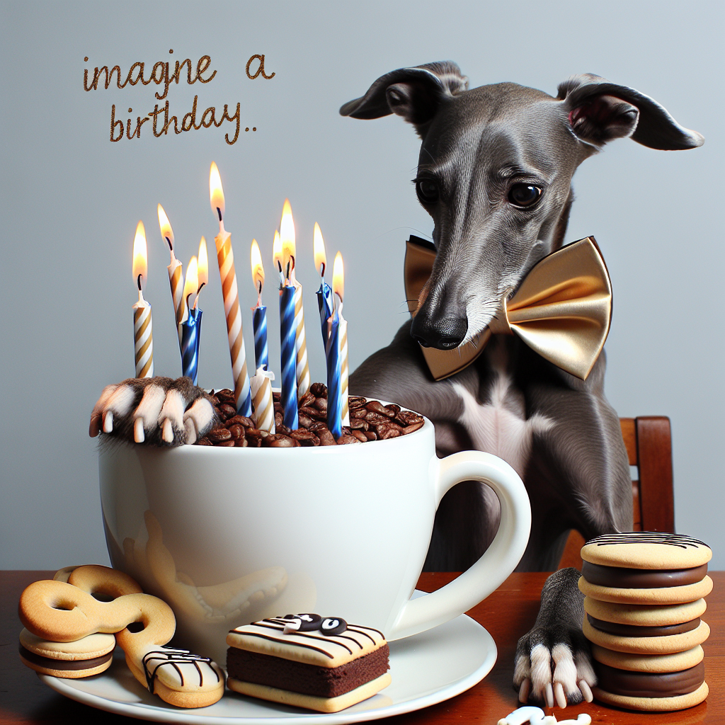 Imagine a comedic birthday gathering where a grey whippet, embellished with a fashionable bowtie, seems to commandeer the party. The whippet is mischievously touching a massive coffee cup with his paw. Behind him, biscuits crafted to resemble candle shapes and pieces of cake are tastefully distributed. The combination of the dog's playful misbehaviour and the coffee-focused celebratory décor comes together to forge a charming and jesting birthday atmosphere.
Generated with these themes: Grey whippet, Coffee, and Biscuits.
Made with ❤️ by AI.