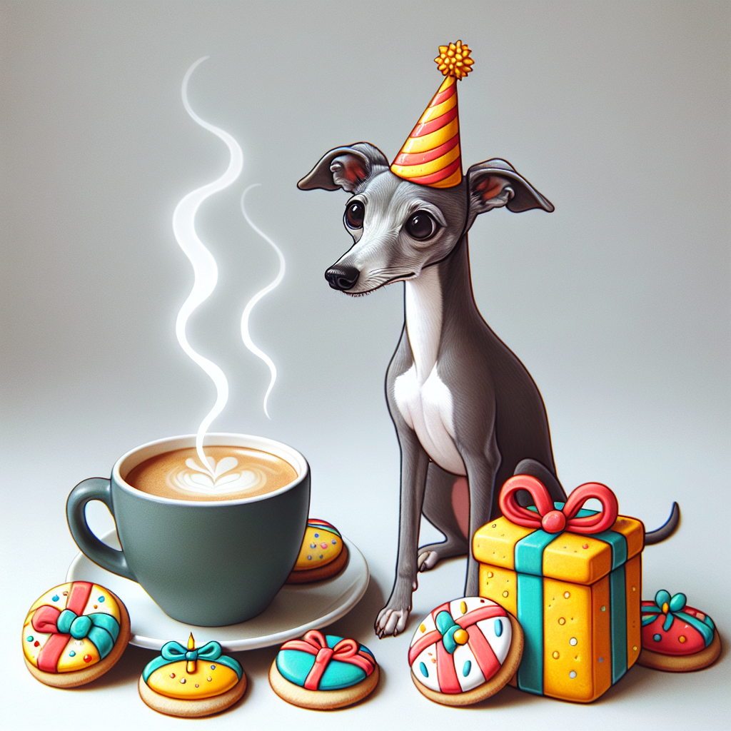 Create a humorous and cozy illustration for a birthday card. This playful scene features a charming grey whippet adorned in a festive party hat. The dog sits obediently beside a steaming cup of hot coffee. Surrounding the whippet are vibrant, whimsically shaped biscuits, which are designed to resemble festive birthday presents and balloons. The overall essence of the scene is pure comfort and joviality, perfect for a birthday celebration.
Generated with these themes: Grey whippet, Coffee, and Biscuits.
Made with ❤️ by AI.