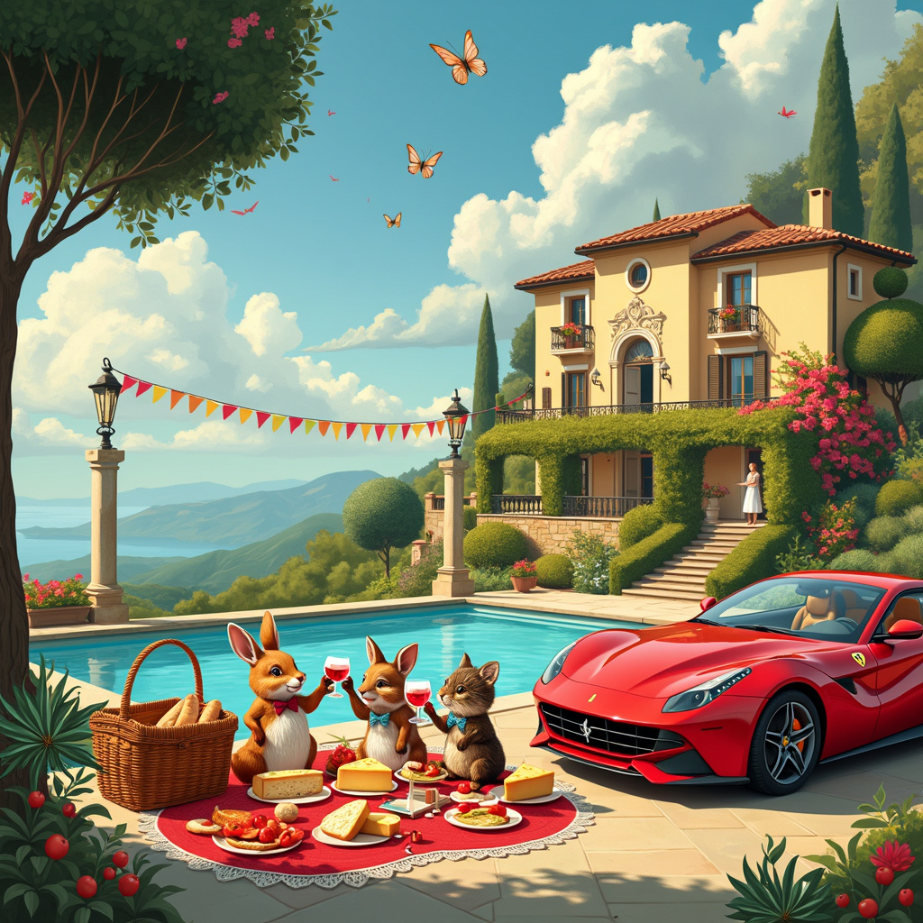 In the center of the birthday greetings card, imagine a whimsical Italian villa perched atop a sun-drenched Tuscan hill, complete with terracotta roofs, charming balconies, and vibrant, blooming bougainvillea vines. To the right of the villa is a sleek, cherry-red Ferrari, parked proudly with its doors slightly ajar, as though just arrived from a joyful, high-speed drive. A plush picnic blanket is spread out in the foreground, adorned with an elegant wicker basket brimming with Italian delicacies—crusty baguettes, ripe tomatoes, and delectable cheese wheels. 

Next to the picnic, a group of adorable anthropomorphic animals—think Maurice Sendak's imaginative characters crossed with Beatrix Potter's woodland creatures—are gathered around, raising their glasses filled with the effervescent ruby-red San Bitter drink. Among them, a dapperly dressed rabbit in a tiny waistcoat, a jovial hedgehog wearing a bow tie, and a dainty fox sporting a summer hat, all clink their glasses in celebration. 

In the background, luxurious real estate elements add to the scene's opulence; to the left of the villa, a sparkling infinity pool glistens under the sun, while modern sculptures and meticulously trimmed topiary gardens flank the poolside, offering a seamless blend of nature and luxury. 

Overhead, a banner of vibrant, hand-painted bunting stretches between two ornate lamp posts, adorned with fluttering butterflies and bees. The sky above is a rich, Maxfield Parrish-inspired azure, dotted with puffy, picturesque clouds. 

Every detail in the scene tells a story of joyous celebration and refined elegance, making it a truly unique and enchanting birthday greeting card cover.
Generated with these themes: San Bitter Drink, Ferrari, and Luxury Real Estate.
Made with ❤️ by AI.
