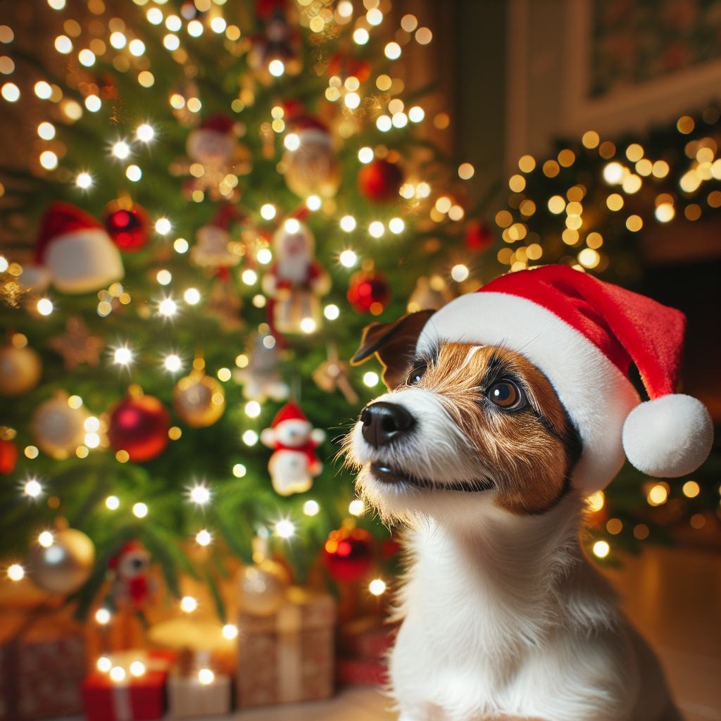 In the first variation, a cheerful Jack Russell Terrier sits in front of a warmly lit Christmas tree, festively adorned with ornaments and twinkling lights. The dog, with a coat of white with brown patches, looks up with soft brown eyes, sporting a red Santa hat slightly askew on its head.
.
Made with ❤️ by AI.