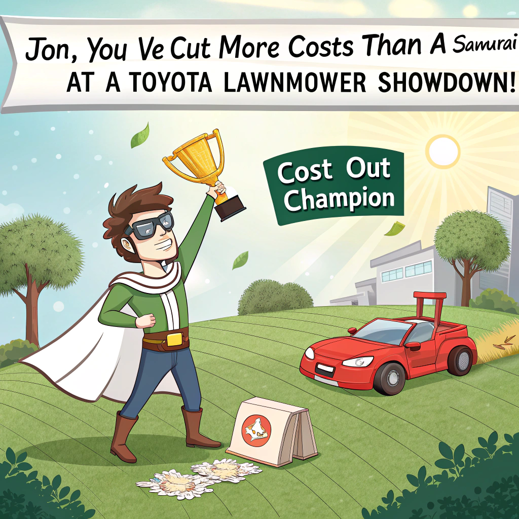 At the top of the image, "Jon, you’ve cut more costs than a samurai at a Toyota lawnmower showdown!"

- The scene shows Jon as a triumphant cartoon superhero wearing a cape made from spreadsheets, holding a massive golden “COST OUT CHAMPION” trophy in one hand and a “Best Deal Ever” scroll in the other.

- Behind Jon, a pristine green front lawn sparkles in the sun, shaped perfectly like a dollar sign. A grinning cartoon Toyota car, wearing sunglasses and sipping a juice box, lounges on the lawn like it's sunbathing.

- In the background, happy office workers throw confetti and wave little flags that read “Boss of Deals” and “Leader Supreme”.

- A birthday cake in the shape of a piggy bank sits nearby with a lit candle coming out of the coin slot.

- At the bottom of the image, include the caption: "You're not just another year older, you're another deal wiser!"
Generated with these themes: Toyota, Boss, Leader, Cost out, Deal maker, Green front Lawn , Keep it PG (image and text), Winning performance, Cost savings, and Champion.
Made with ❤️ by AI.