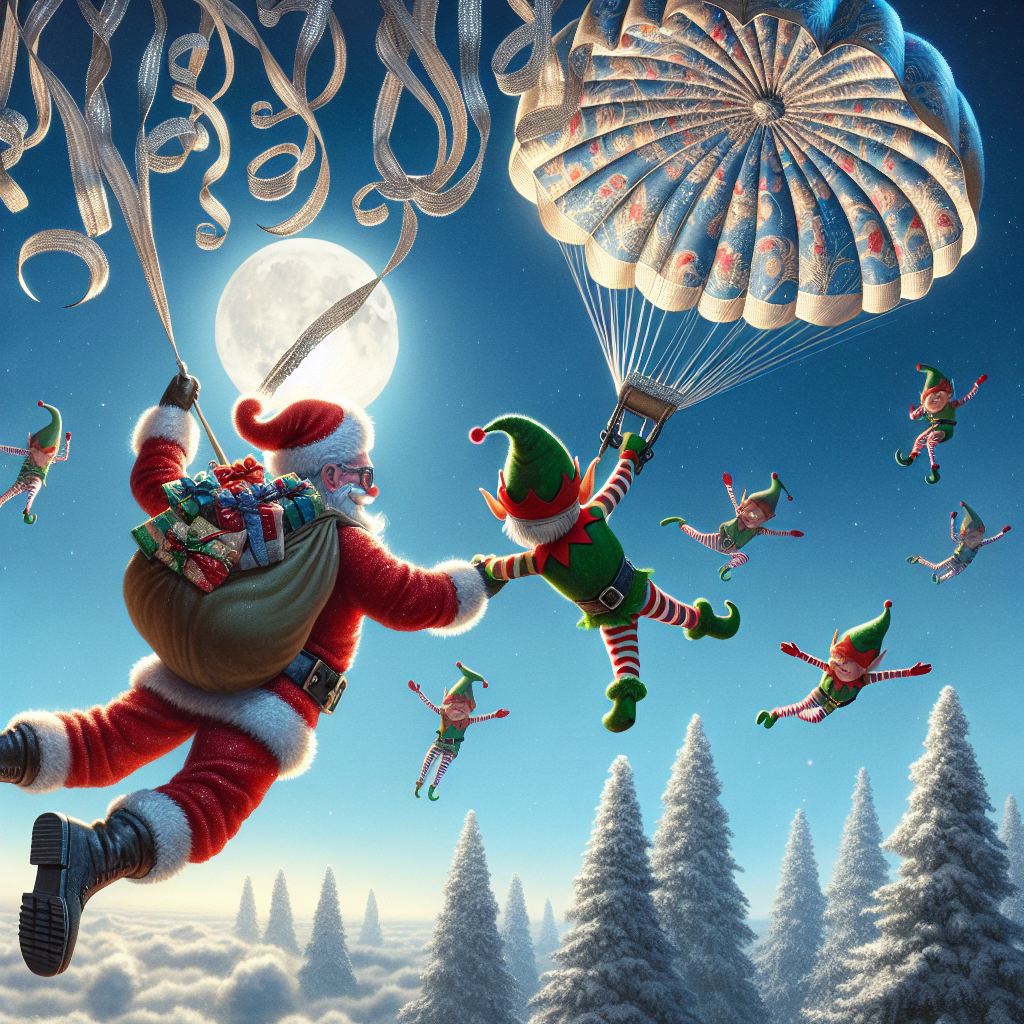 In this enchanting Christmas-themed illustration, an adventurous Santa is seen skydiving with a sack full of gifts, his suit whimsically flapping in the high-altitude breeze. Elves are joining the thrill, joyfully bungee jumping off Santa's sleigh that's parked mid-air, tinsel trailing behind them like comet tails. The moonlight illuminates the scene, casting a silvery glow over the festive parachutes, which are adorned with patterns of candy canes and mistletoe.
Generated with these themes: He enjoys out-of-the-ordinary experiences such as skydiving and bunje jumping.
Made with ❤️ by AI.