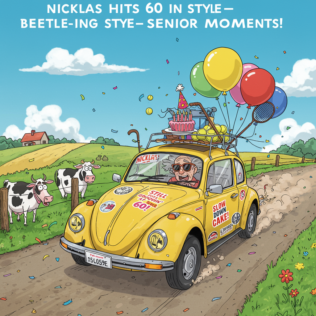 **At the top of the cartoon image:**  
**"Nicklas Hits 60 in Style—Beetle-ing Into Senior Moments!"**

**Prompt for the image:**  
A bright, cartoon-style scene featuring a classic yellow VW Beetle zipping along a sunny countryside road, but with some hilarious senior-citizen modifications: the car is covered in bumper stickers like "Still Groovin’ at 60!" and "Slow Down for Cake!" Nicklas, a jolly older man with sunglasses and a party hat, is driving with wild gray hair blowing in the wind and a huge birthday balloon tied to the car antenna. A walking cane and tennis balls are humorously strapped to the car's roof like sporty extras. A small group of farm animals by the road look shocked and impressed. Confetti fills the air as the Beetle kicks up dust in a burst of silly, energetic celebration.
Generated with these themes: Yellow vw beetle, and 60.
Made with ❤️ by AI.