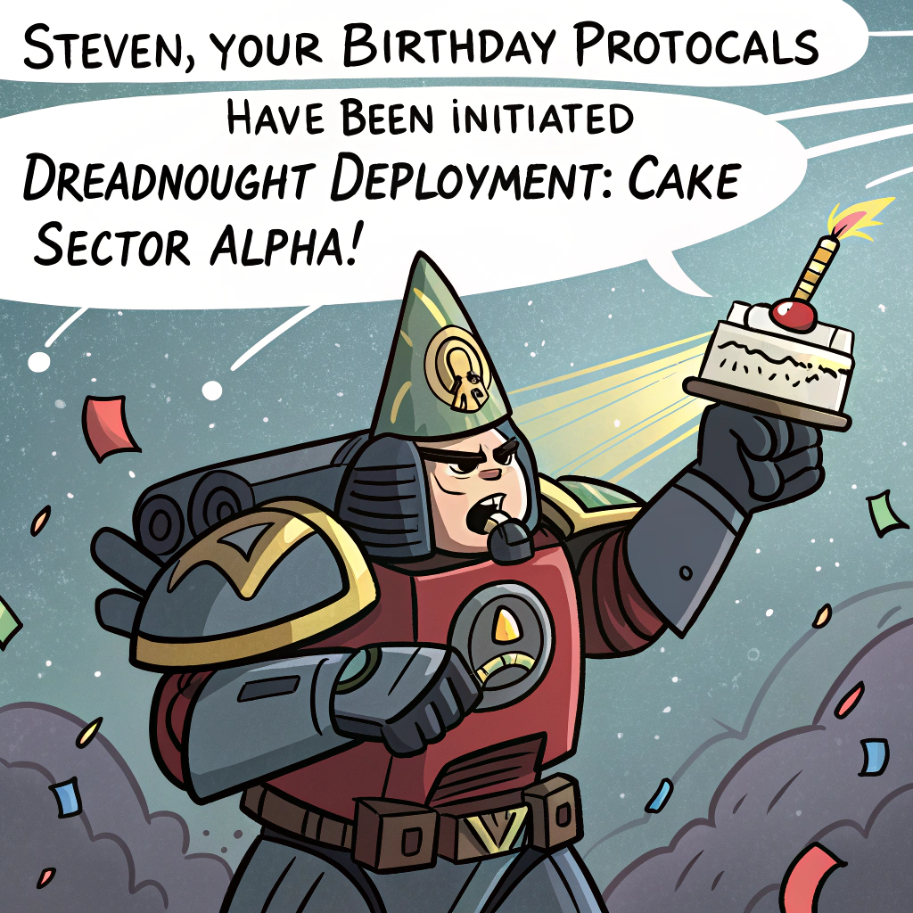 At the top of the image, "Steven, your birthday protocols have been initiated — Dreadnought deployment: Cake Sector Alpha!"

- Depict a hilarious cartoon-style scene where a hulking Warhammer Dreadnought, looking comically serious, crashes through a birthday party wearing a pointy party hat and wielding a massive glowing candle instead of its usual power fist.

- Around it, tiny confused Space Marines scurry to catch slices of exploding birthday cake as confetti rains from the sky.

- One Marine holds a clipboard labeled “Operation: Frosting Overkill,” looking panicked as sprinkles hit his helmet visor.

- Add balloons shaped like skulls floating in the background with the words “For the Emperor… of Birthdays!”

- A banner hanging overhead reads: "Happy Level-Up, Commander Steven!" in metallic gothic script with rainbow colors.
Generated with these themes: Warhammer , and Dreadnaught .
Made with ❤️ by AI.
