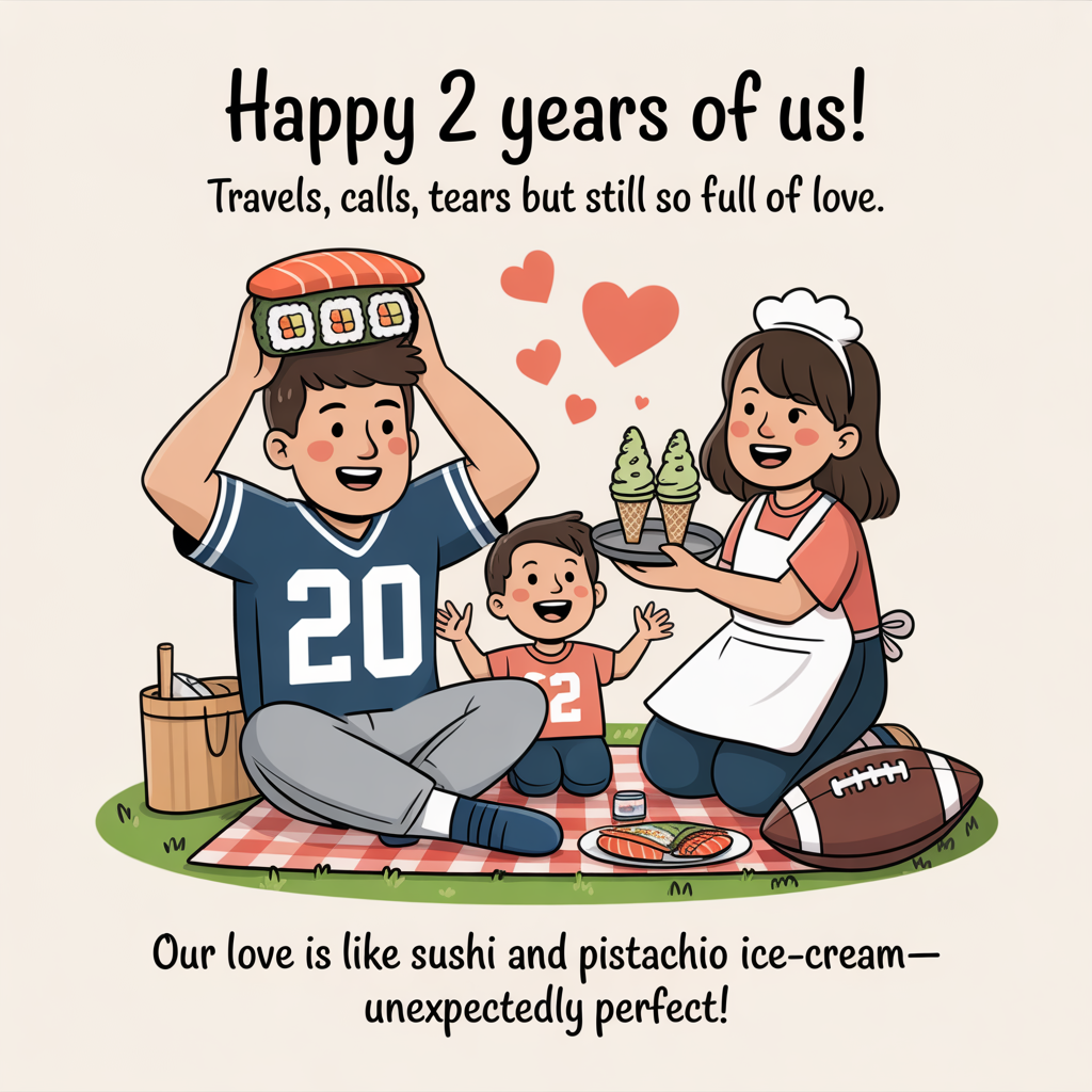 At the top of the image, "Happy 2 years of us! Travels, Calls, Tears but still so full of love."

In the center of the image, illustrate a playful family scene at a picnic blanket. The family includes a football enthusiast dad in a jersey playfully balancing a sushi roll on his head, a mom in a pharmacy-themed apron holding a tray of pistachio ice-cream cones, and a child with wide eyes excitedly cheering on the chaos. The picnic setting is cozy and cheerful, with a football subtly incorporated into the background as part of the family fun.

At the bottom of the image, add "Our love is like sushi and pistachio ice-cream—unexpectedly perfect!"
Generated with these themes: Football, Sushi, Pharmacy,  Family, Pistachio Ice-cream, and .
Made with ❤️ by AI.
