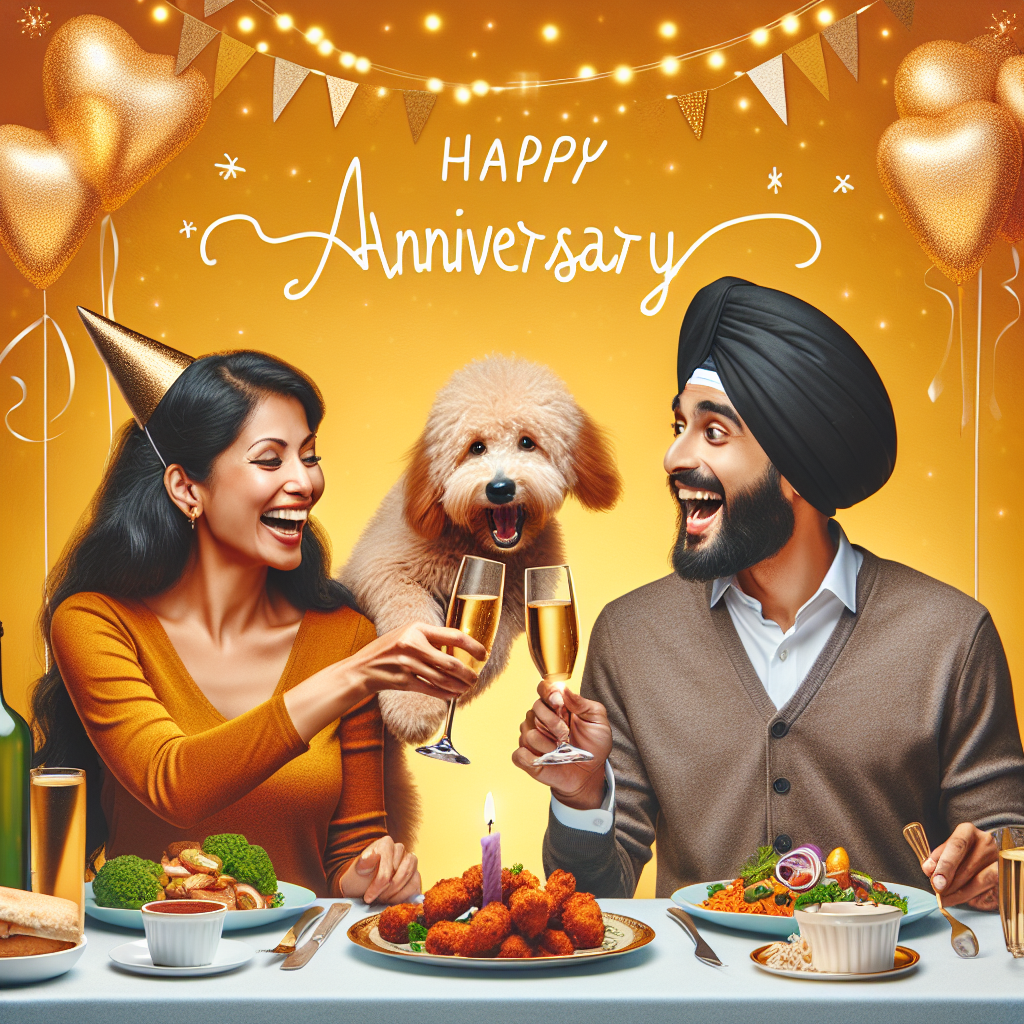 Create a whimsical anniversary image that showcases a South Asian woman and a Hispanic man delightedly partaking in a meal and drinks. Central to this scene is their playful Goldendoodle pet who humorously attempts to sneak a nibble from their banquet. The couple lift their glasses high in toast, surrounded by glowing elements of gold that complement the joyous celebratory theme.
Generated with these themes: Eating, Drinking, Goldendoodle, and Being silly .
Made with ❤️ by AI.