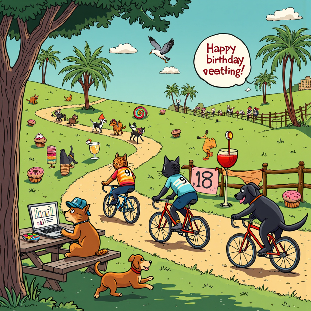 Picture this: On the front of the birthday greeting card, there’s a bustling scene of a whimsical park with vibrant green grass and a clear blue sky, reminiscent of Charles Schulz's comforting simplicity. In the foreground, a cycling race is taking place, but with a twist inspired by Bill Watterson's playful style—cats are riding the bicycles! Each cat is dressed in colorful, quirky cycling gear. One tabby cat is wearing a tiny helmet and goggles, while another black cat has a little racing jersey with a number "9" on it.

Next to the cycling track, a group of adorable puppies is dashing towards a finish line marked with a festive banner that says, “Birthday Dash.” The puppies are of various breeds—there’s a golden retriever puppy with its tongue out, a beagle with floppy ears, and a dachshund stretching out as far as it can to win.

To the left, there’s a picnic table covered with an assortment of pastries. Imagine a spread like something out of Winsor McCay’s dreams—there are gigantic donuts with rainbow sprinkles, croissants, and towering cakes. There’s even a cat (with a little chef’s hat) behind the table serving pastries to a crowd of excited animals.

Amidst all this, a puppy with a detective hat and glasses is seated at a small table off to the side, engrossed in a laptop with charts and graphs, channeling Art Spiegelman’s attention to quirky detail. Above the laptop is a thought bubble showing complex data analysis—perhaps pie charts and bar graphs related to the consumption of treats at the party.

In the background, a cat and a dog are sharing a giant piña colada from a comically oversized glass with two straws, evoking the playful absurdity of Gary Larson's The Far Side. Palm trees (implausibly in the park) sway gently behind them, with festive fairy lights strung between them.

In the sky above, there’s a speech bubble (in classic comic style) coming from a seagull wearing a pirate hat, shouting, “Happy Birthday!” The entire scene is brimming with playful chaos, reminiscent of the imaginative worlds of Walt Disney and Osamu Tezuka, capturing the essence of celebration and fun.
Generated with these themes: Running, Puppies, Pastries, Cycling, Data analysis, Pina colada, and Cats.
Made with ❤️ by AI.