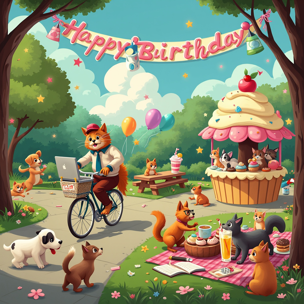 In this vibrant and whimsical birthday scene, the foreground is alive with activity, framed by a bustling park. To the left, there's a joyful parade of puppies, each distinct and delightful, running energetically. One puppy, a spotted Dalmatian, clutches a colorful balloon in its mouth, while another, a fluffy Golden Retriever, joyfully wrestles with a chew toy shaped like a cupcake. Near the puppies, a cyclist clad in retro 1950s attire whizzes past on a vintage bicycle, its basket brimming with pastries – think croissants, éclairs, and macarons, some of which are teetering precariously, ready to fall.

In the center, we have a quirky twist. A fluffy orange tabby cat sits at a picnic table with a laptop open, deep into data analysis. The screen displays complex graphs and pie charts, and next to the cat sits a tall, tropical pina colada in a coconut shell, complete with a tiny umbrella and a slice of pineapple. Scattered around the cat are sheets of paper, a calculator, and a pair of oversized reading glasses perched precariously on its nose.

To the right, a bustling pastry stand shaped like a giant cupcake is being overrun by more puppies and a few curious cats. The stand is adorned with pastel-colored frosting and a large cherry on top. The vendor, an anthropomorphic squirrel with a chef's hat, hands out pastries to an eclectic mix of animals.

In the background, under a shady tree, a small group of cats are lounging on a picnic blanket, sipping from tiny pina colada glasses and flipping through comic books featuring their own heroic adventures. Beyond them, the park’s scenery includes blooming flowers, lush green trees, and a small pond where more puppies and kittens playfully splash around.

Above the scene, a whimsical banner made of streamers and balloons stretches across the sky with the words "Happy Birthday" playfully bouncing in mid-air. The sky itself is a bright, cartoonish blue with fluffy clouds shaped like pastries and playful animals.

The entire scene is infused with the playful humor and detailed whimsy reminiscent of Gary Larson’s "The Far Side" and Bill Watterson’s "Calvin and Hobbes," combined with the endearing charm of Charles Schulz’s "Peanuts." This quirky tableau tells a delightful story of an unusually vibrant birthday celebration where animals and unlikely elements harmoniously collide.
Generated with these themes: Running, Puppies, Pastries, Cycling, Data analysis, Pina colada, and Cats.
Made with ❤️ by AI.