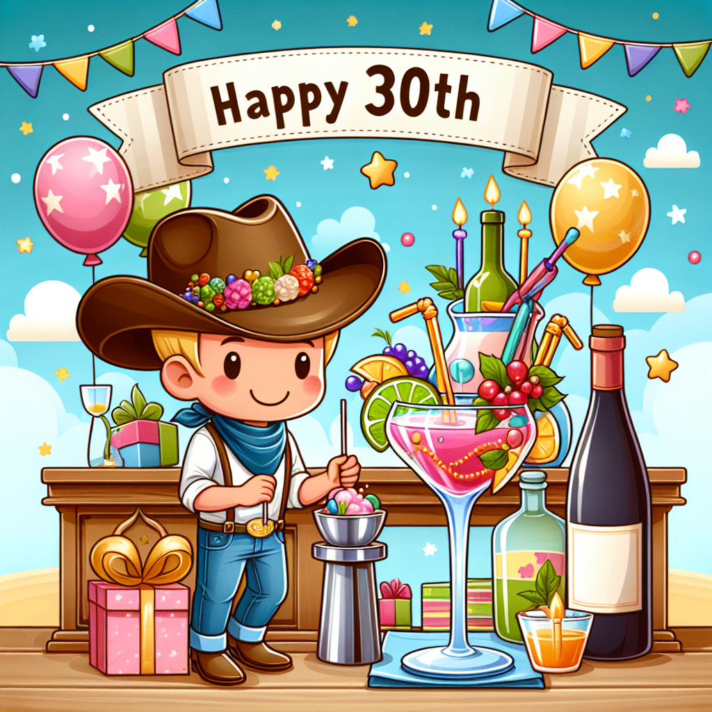 Imagine a Cute Cartoon style illustration embodying the excitement and joy of a 30th birthday party. A character in a Cowboy hat, signifying the western adventurous spirit, stands behind a bar setup, mixing a colorful Cocktail adorned with festive decorations. There's an elegant glass of Wine nearby, adding refinement to the atmosphere. The backdrop beautifully presents a 'Happy 30th' message, complemented by playful images of balloons and gifts, encapsulating a fun-filled birthday celebration.
Generated with these themes: Cowboy hat, 30th birthday , Cocktail , and Wine.
Made with ❤️ by AI.