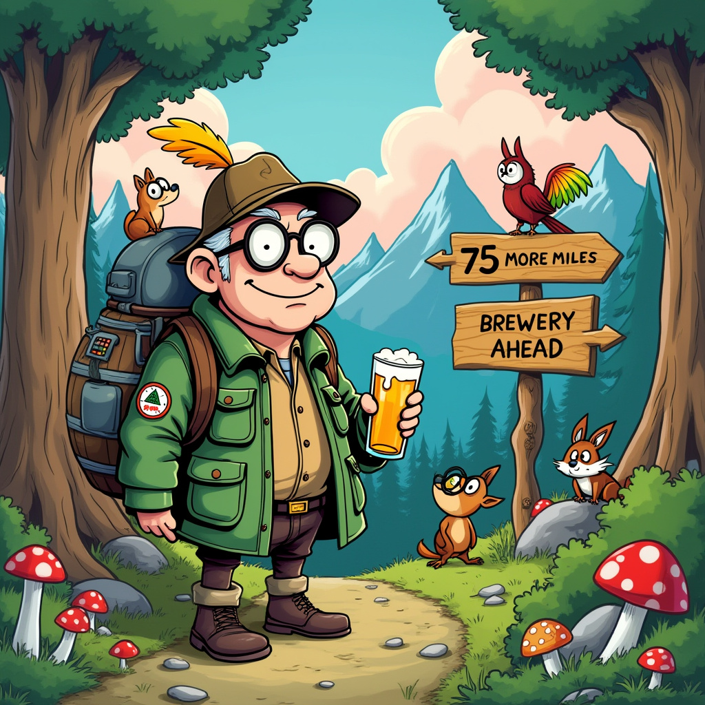In a whimsical forest landscape that bursts with vibrant colors reminiscent of a Charles Schulz cartoon, a sprightly 75-year-old hiker named George is embarking on an adventurous journey. George is clad in an oversized, yet charmingly patched-up green hiking jacket adorned with quirky badges of mountains and beer mugs, a nod to his twin passions. His matching hiking hat, slightly tilted, boasts a bright yellow feather, fluttering in the playful breeze. George has a jolly, clean-shaven face, his wrinkles deepening with laughter lines, and twinkling eyes hidden behind large round spectacles.

Nestled amidst towering trees with bulbous trunks akin to those drawn by Bill Watterson, George stands beside an enormous, anthropomorphic beer barrel, complete with comically exaggerated eyes and a wide smile, giving it a mischievous expression. The barrel, perched on a pair of stout wooden legs, playfully winks at George, as if inviting him for an escapade. Its tap, shaped like a curving elephant trunk, dispenses frothy golden beer into a pint glass that George holds in his hand.

In the background, the lush foliage teems with animated critters taking cues from Walt Disney's classics—squirrels wearing tiny hiker boots, foxes playfully balancing on tree branches, and an owl sporting a monocle, all observing George's antics with amused curiosity. Scattered around the forest floor, mushrooms pop up like buttons on a cartoon board, and a colorful parrot perches on a branch, holding a tiny compass, mimicking George's navigation attempts.

The sky above is painted in Osamu Tezuka's vivid hues of blue and pink, with fluffy clouds forming whimsical shapes of beer mugs and mountains, capturing the essence of George’s journey. A wooden signpost stands crookedly beside the path, with arrows humorously pointing to "75 More Miles," "Brewery Ahead," and "Fountain of Youth," playfully merging the concept of adventure and celebration. This vibrant tableau tells the delightful story of George's journey through the forest, infused with a spirit of youthful adventure and quirky humor.
Generated with these themes: 75 year old hiker with beer and no beard.
Made with ❤️ by AI.