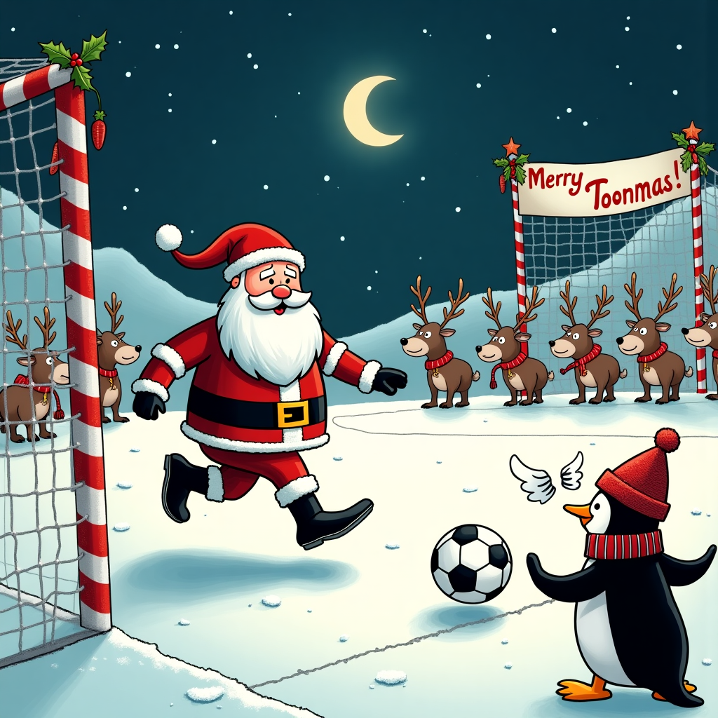 On a frosty pitch nestled amidst snowy hills, a comical Christmas match unfolds with a festive twist! The scene is an enchanting blend of winter wonder and sporting fervor, where Santa, clad in a customized Newcastle United kit complete with a black and white striped jersey and a fluffy red hat, is about to take a penalty kick. His boots are twinkling with snowflakes, and a mischievous twinkle shines in his eyes. The goalposts are wrapped with Christmas lights, flickering in the chilly air, while the crossbar is adorned with holly and a golden star at the top.

In the background, eight reindeer, each with a distinct personality, cheer for Santa from the sidelines. One reindeer sports a referee's whistle, hanging jauntily from its neck, while another holds up a "Go Santa!" sign, its antlers bedecked with baubles and tinsel. They are arranged like an enthusiastic, quirky cheerleading squad, bouncing on their hooves on the icy touchline.

Joining the reindeer is an enthusiastic penguin, wrapped in a snug black and white Newcastle scarf. This penguin, standing as the impromptu mascot, holds a football with wings doodled on it, symbolizing the magic of this unusual match. It gestures dramatically with its flippers, rallying the crowd of snowmen spectators who are frozen in anticipation. These snowmen wear tiny Toon Army beanies, each one with a carrot nose pointed skyward, as if trying to smell victory in the crisp air.

Above the scene, a starry night sky twinkles with more than just stars. A crescent moon with a cheeky grin hangs low, casting a silvery spotlight on the field, ensuring Santa's aim is true. To one side, a banner strung between two candy cane goal posts reads, "Merry Toonmas!" with letters cut from magazine pages, ransom note style, a nod to the DIY charm of Charles Schulz and the playful wit of Bill Watterson.

This whimsical Christmas card front cover captures the spirit of the beautiful game with a holiday twist, promising a giggle and a cheer for anyone who loves football, festivities, and a bit of Newcastle United flair!
Generated with these themes: Newcastle fc, Reindeer, Santa , Football, Newcastle, Penguin, and Black.
Made with ❤️ by AI.