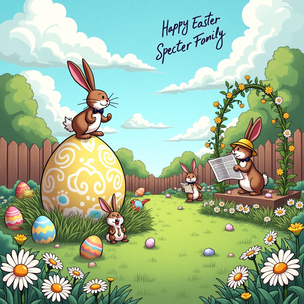 In a vibrant and whimsical garden, reminiscent of a scene that might spring from the collective imaginations of Schulz and Watterson, an ensemble of lively cartoon rabbits are engaged in an elaborate Easter egg hunt. The foreground is bustling with these jovial bunnies of all shapes and sizes. Some sport dapper bow ties, while others wear charming straw hats. They're nestled among the sprawling carpet of lush green grass and clusters of cheerful daisies, whose white petals and sunny yellow centers dance in a gentle breeze.

A particularly adventurous rabbit stands triumphantly atop a giant pastel-colored Easter egg. This egg is elaborately painted with intricate swirls and dots, reminiscent of Tezuka's detailed artistry, and it sits nestled within a tuft of daisies. Another bunny, with a look of comic determination on its face, is attempting to climb up a vine-twined garden trellis in pursuit of another high-hanging egg.

In the background, a rustic wooden fence encloses the garden, and beyond it, a sky filled with fluffy clouds reminiscent of Hergé's clear line style. Among the clouds, a special message is etched in a fanciful, sky-written script: "Happy Easter Specter Family," the letters drifting whimsically as though penned by a celestial hand. The message captures the essence of Eisner's narrative flair, weaving the Specter family's greeting into the scene itself.

Around the garden, daisy chains are strewn like garlands, and a plump rabbit wearing glasses akin to Larson's more intellectual creatures reads a "Garden Gazette," which humorously covers the day's events. This delightful, bustling Easter garden, with its quirky characters and vibrant elements, invites the viewer into a world where the Specter family's Easter is celebrated with whimsy and warmth.
Generated with these themes: Easter eggs , Rabbits, Garden , and Daisy's .
Made with ❤️ by AI.