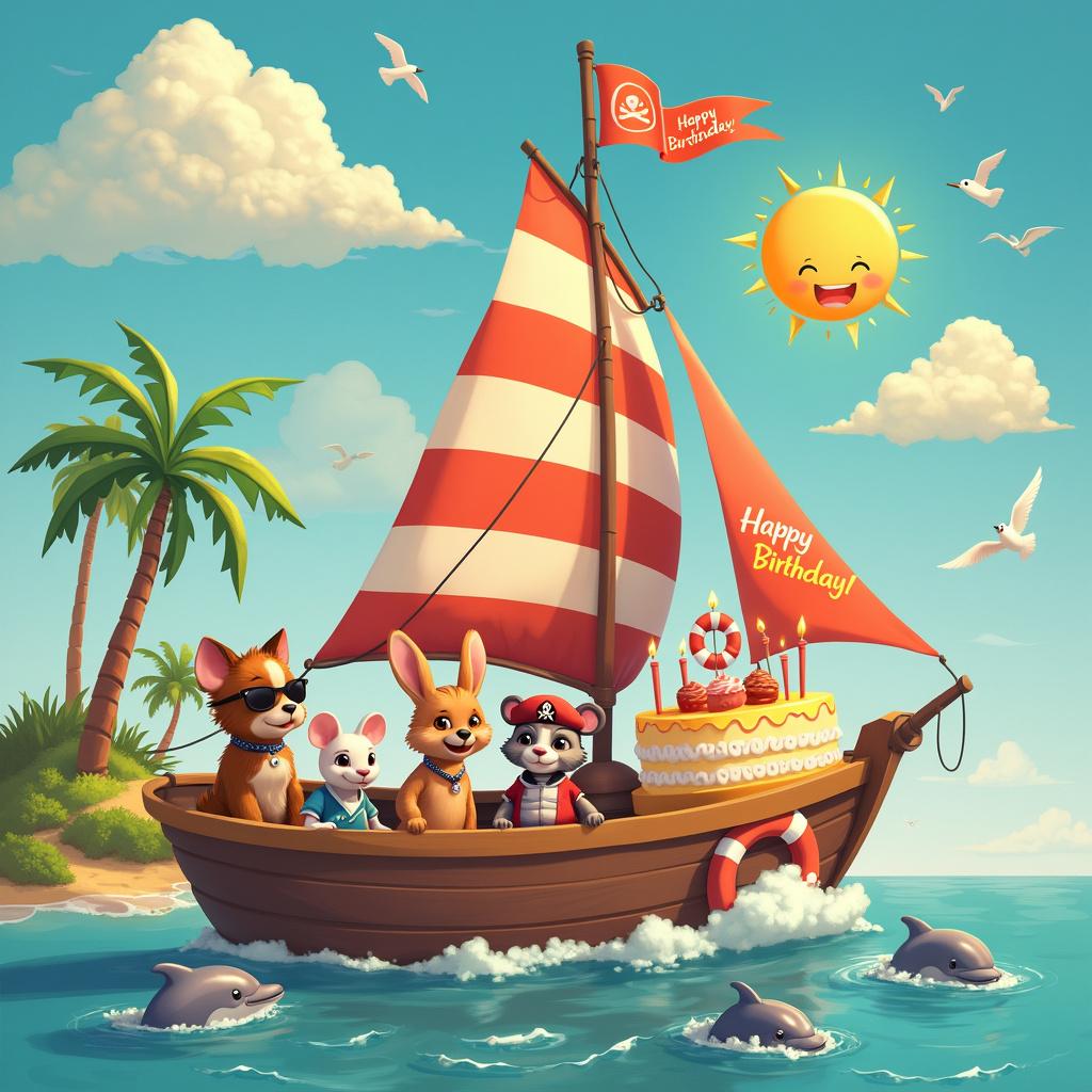 In this vibrant scene, the sky is a bright blue, adorned with fluffy white clouds and a big smiling sun donning sunglasses, radiating joy. Below, the ocean shimmers in a vivid turquoise, its gentle waves playfully hosting dolphins as they leap gracefully through the water. A few seagulls, cutely dressed in tiny pirate hats, glide above, adding to the whimsical atmosphere.

In the foreground lies a large, colorful sailboat, boasting a striking red and white striped sail. On the deck stand four anthropomorphic animals—a dog, a cat, a rabbit, and a mouse—each dressed in charming sailor outfits. The deck also features a large, whimsical birthday cake, complete with lit candles shaped like anchors, celebrating a festive occasion. Flapping in the wind is a "Happy Birthday" banner, adding to the cheerful mood. The side of the boat showcases a life preserver, whimsically inscribed with "Happy Sailing!"

In the background, a small, lush island complements the scene, marked by two palm trees bending toward each other, creating a natural arch. Gazing upon the island is an open treasure chest overflowing with colorful gifts and balloons, hinting at festive surprises. A vibrant parrot, donning a tiny birthday hat, perches on one of the palm trees, completing this enchanting maritime celebration.

Generated with these themes: Sailing.  
Made with ❤️ by AI.